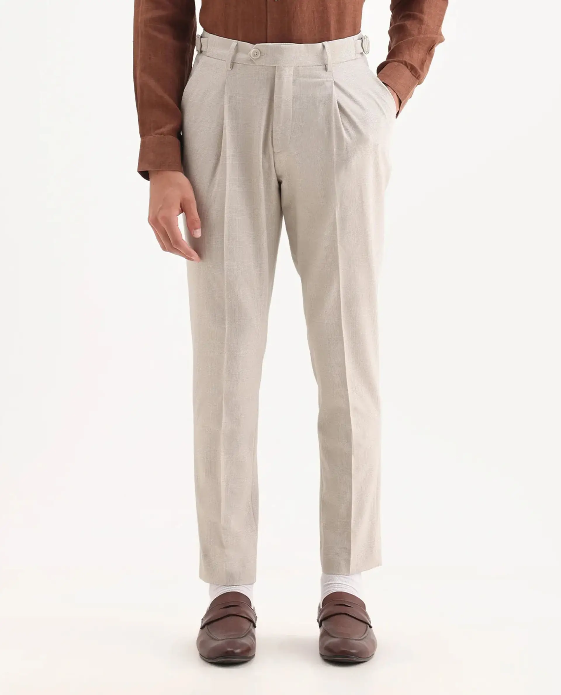 Rare Rabbit Men's Morst Beige Cotton Blend Checked Print Relaxed Fit Trouser - Image 9