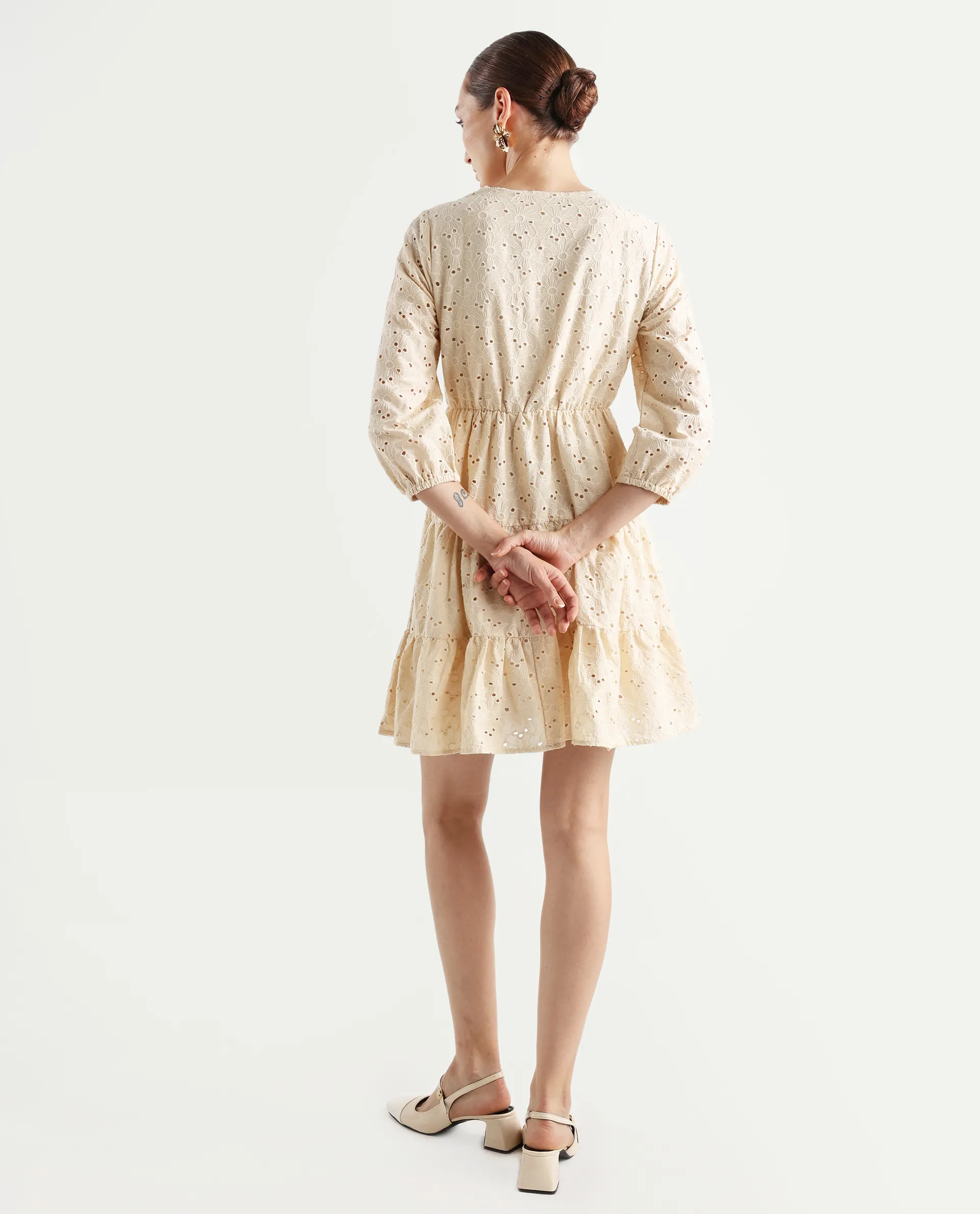 Rareism Women's Mosilo Off White Cotton V-Neck Plain Balloon Sleeve Knee Length Fit And Flare Dress - Image 7