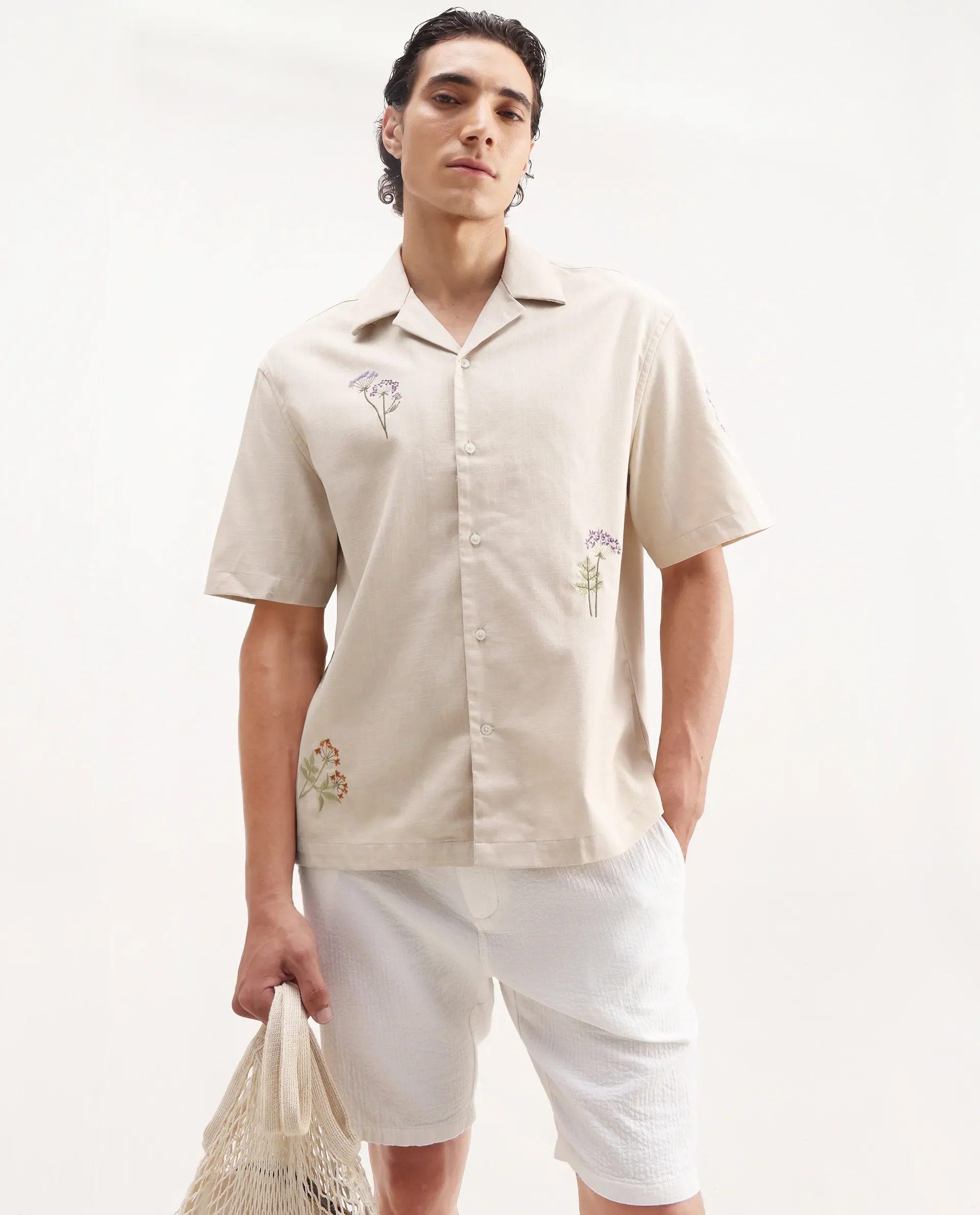 Rare Rabbit Men's Mouzon Off White Cotton Embroidered Relaxed Fit Half Sleeve Cuban Collar Shirt