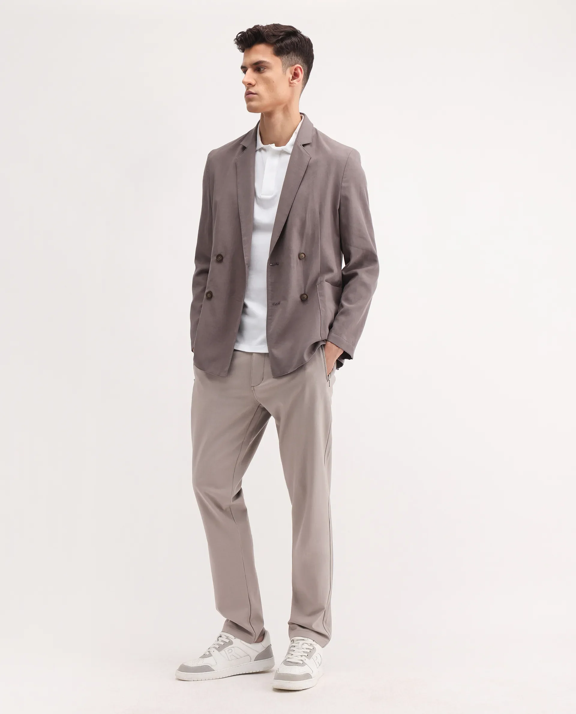 Rare Rabbit Men's Move-25 Beige Polyester Blend Plain Regular Fit Trouser