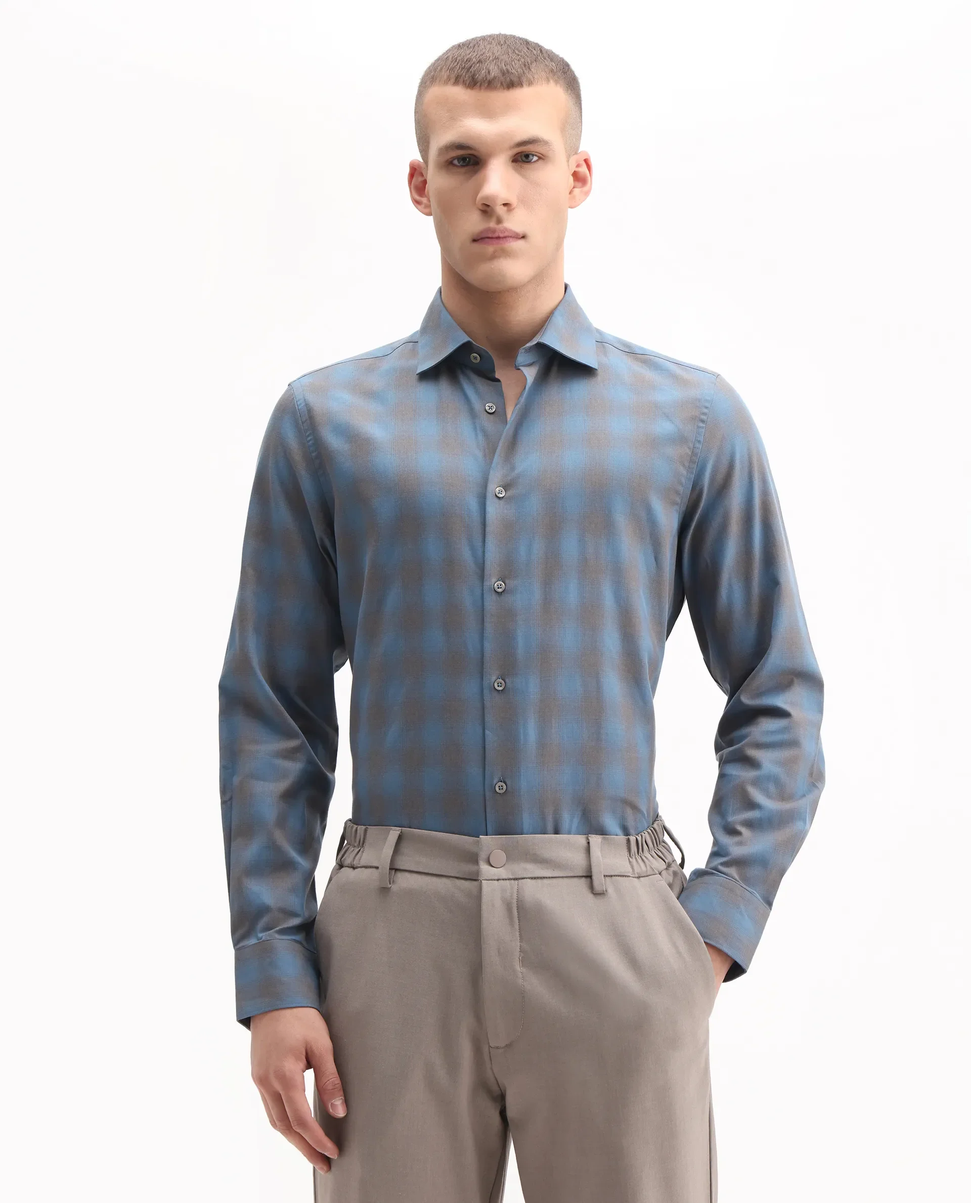 Rare Rabbit Men's Movo Dusky Blue Cotton Blend Checked Print Regular Fit Full Sleeve Collared Shirt - Image 4