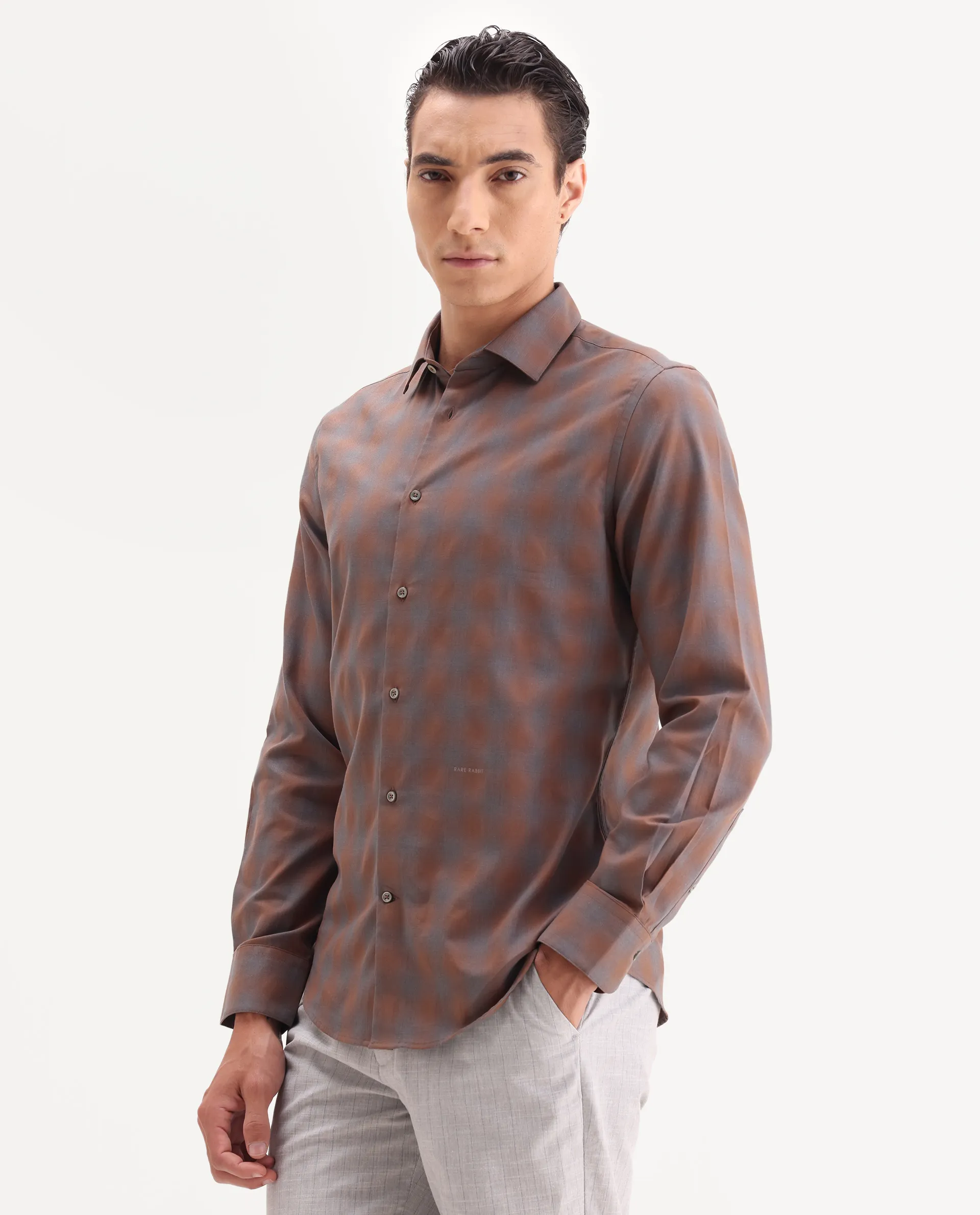 Rare Rabbit Men's Movo Dusky Rust Cotton Blend Checked Print Regular Fit Full Sleeve Collared Shirt - Image 5