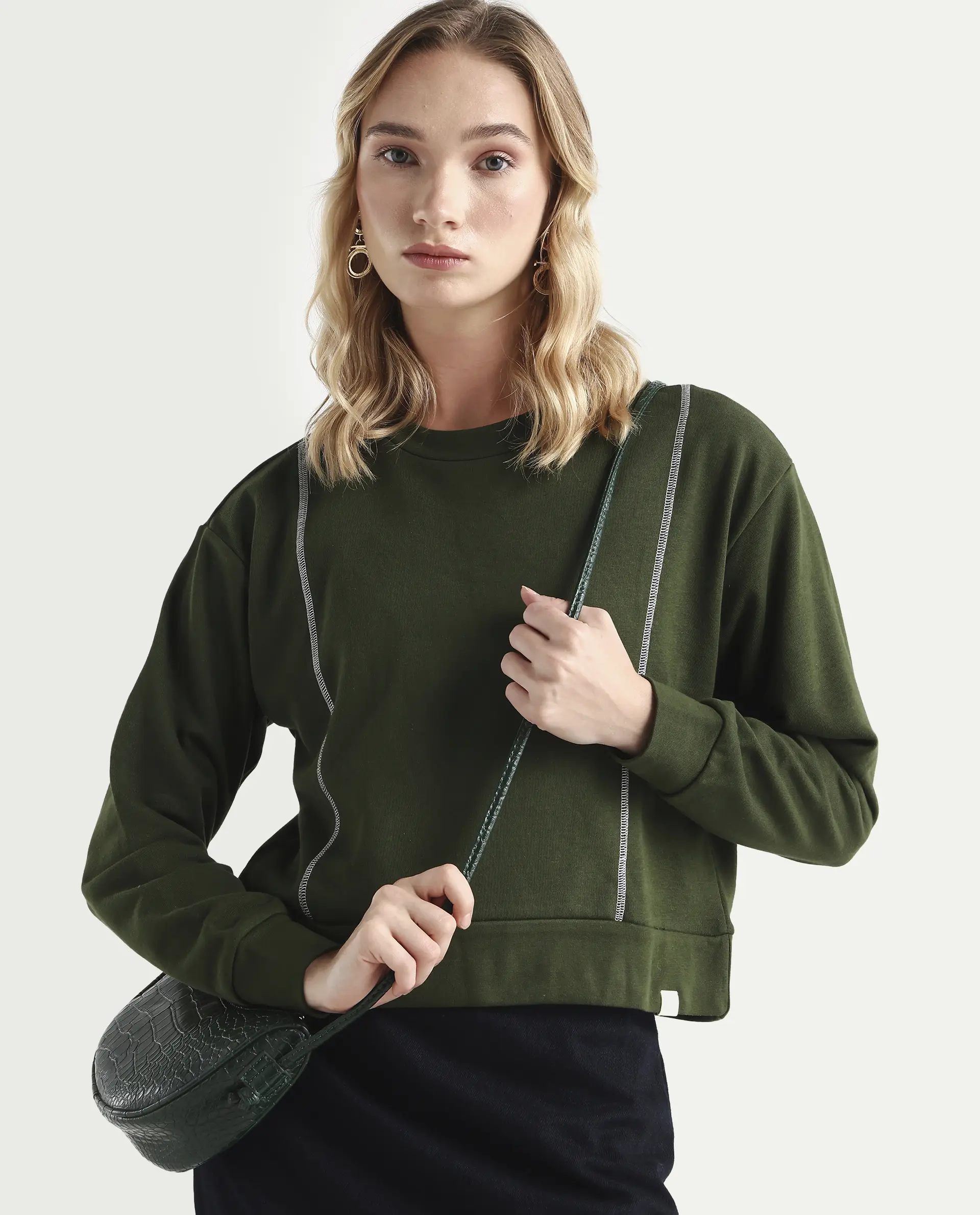 Rareism Women's Moye Olive Cotton Blend Crew Neck Plain Relaxed Fit Sweatshirt