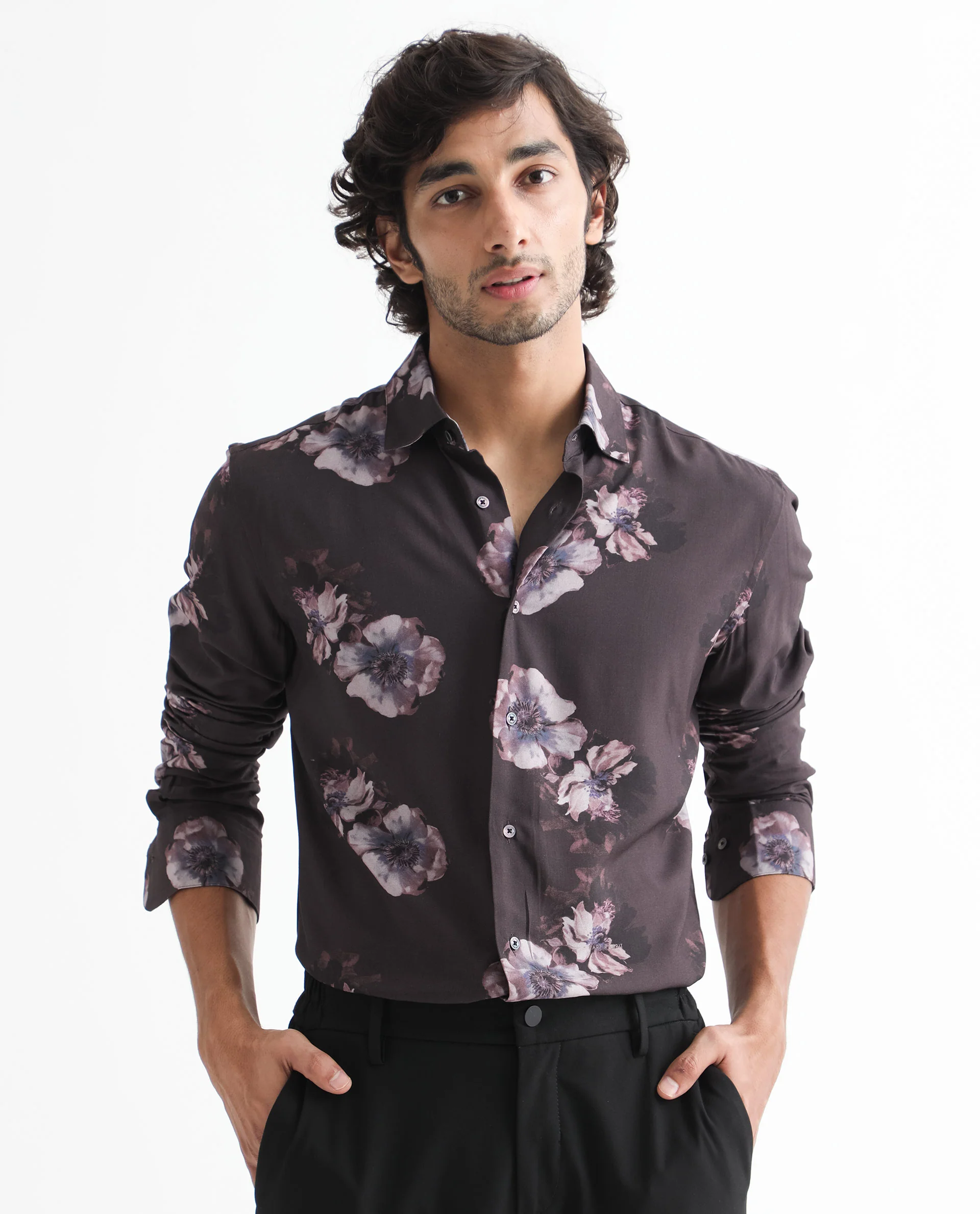 Rare Rabbit Men's Muds Brown Viscose Floral Print Regular Fit Full Sleeve Spread Collar Shirt