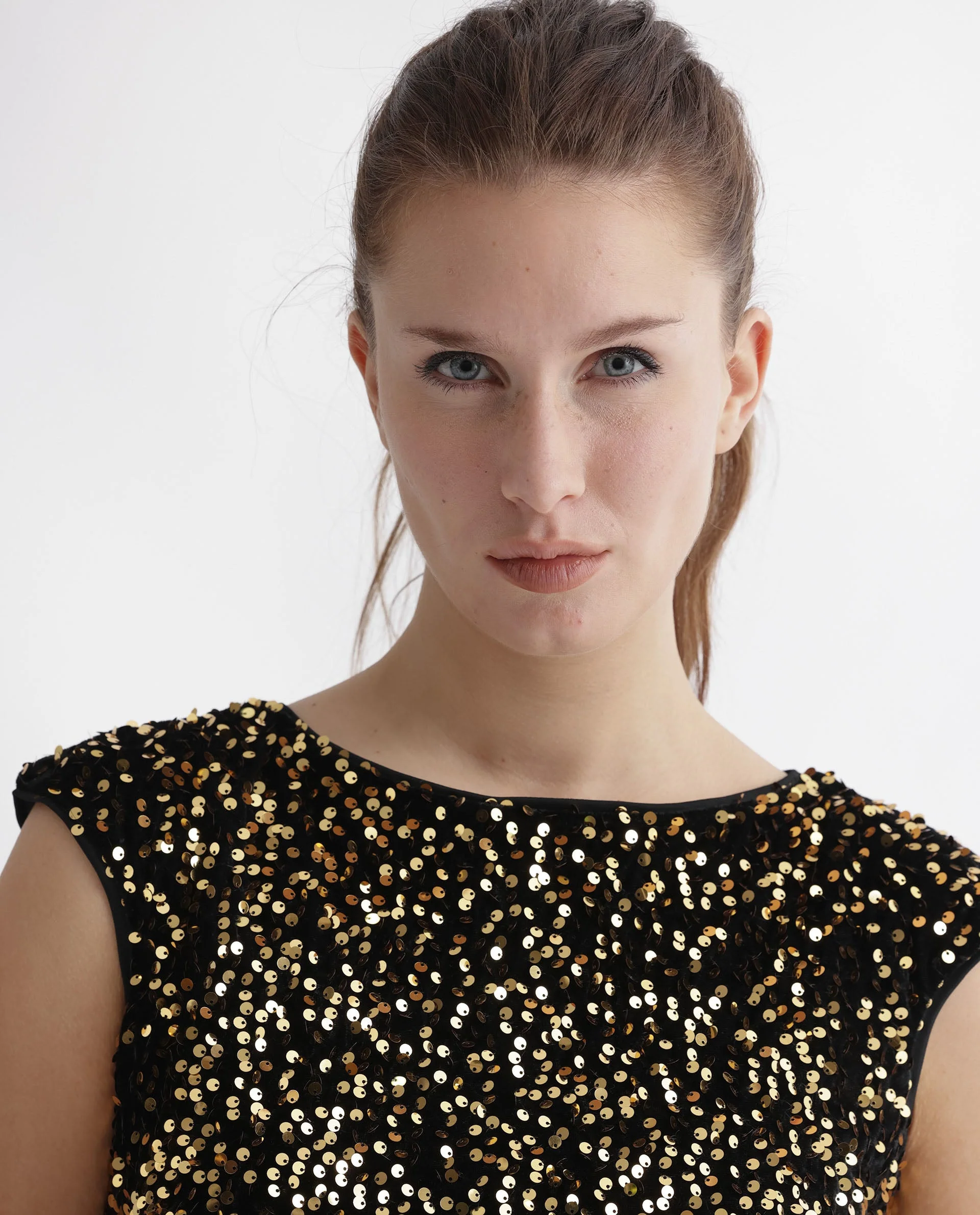 Rareism Women's Mulan Sheen Gold Polyester Crew Neck Sequined Extended Sleeves Mini Regular Fit Dress - Image 9