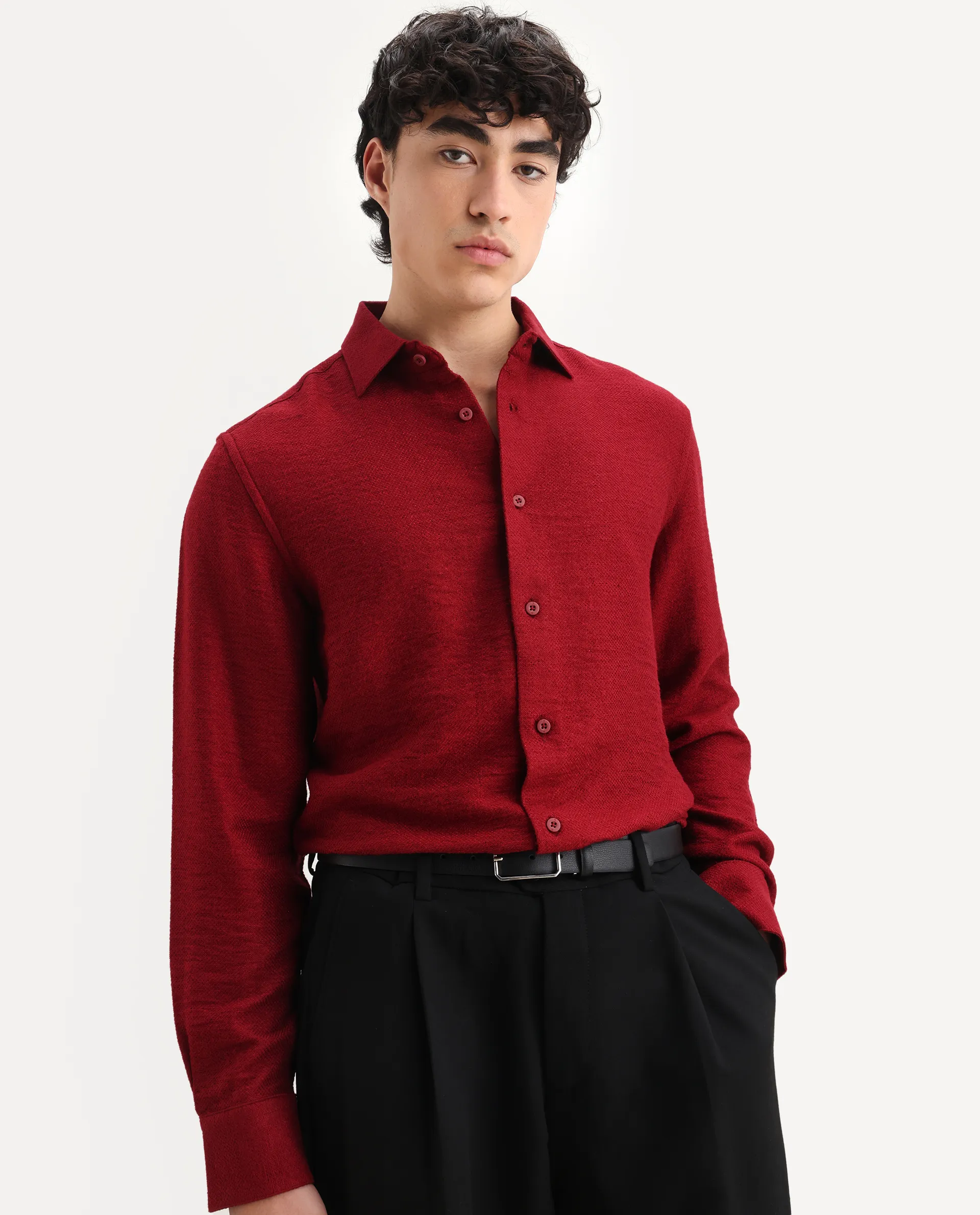 Rare Rabbit Men's Mulfir Red Viscose Fabric Collared Neck Regular Fit Plain Shirt
