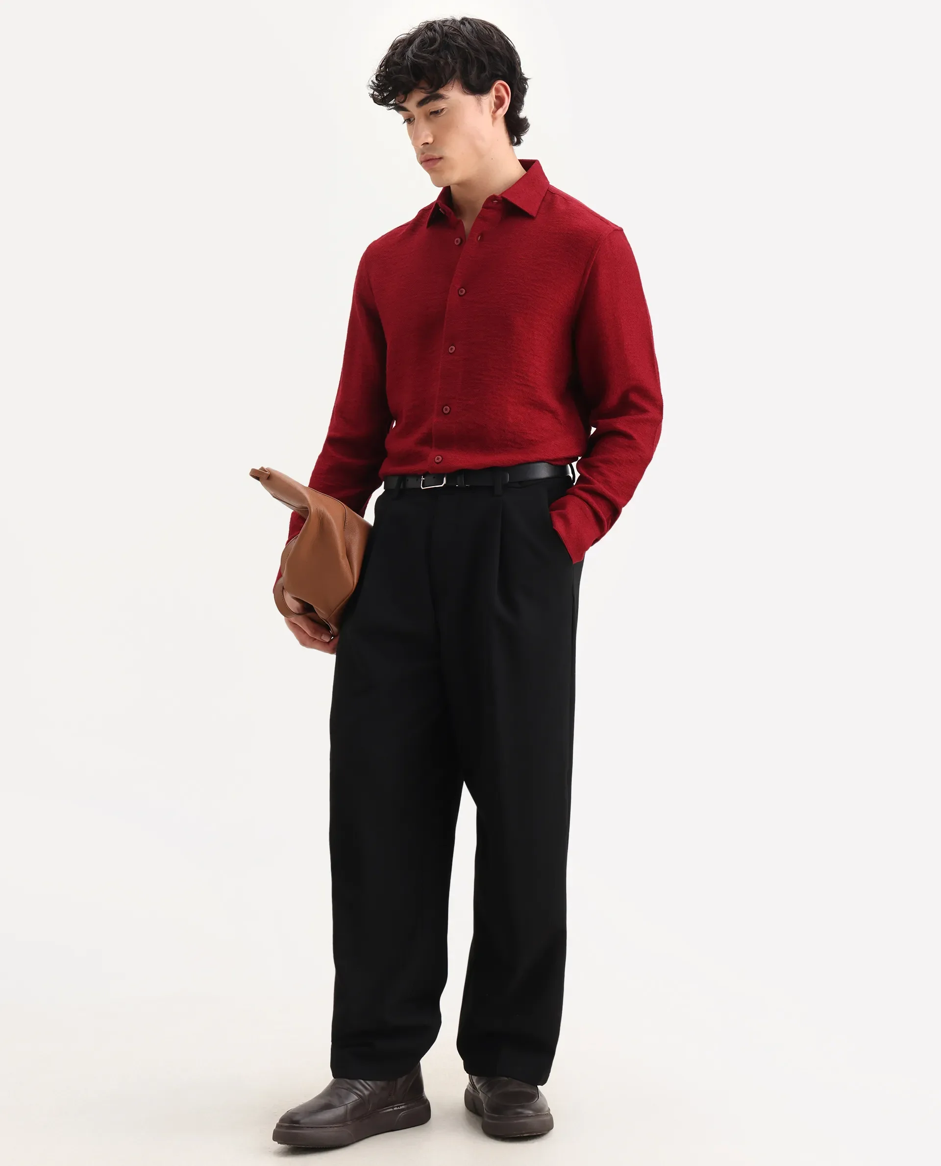 Rare Rabbit Men's Mulfir Red Viscose Fabric Collared Neck Regular Fit Plain Shirt - Image 2