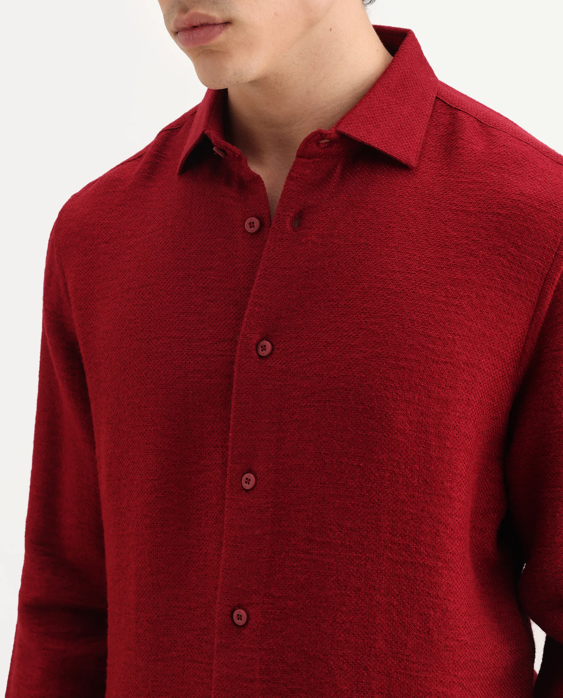 Rare Rabbit Men's Mulfir Red Viscose Fabric Collared Neck Regular Fit Plain Shirt - Image 3