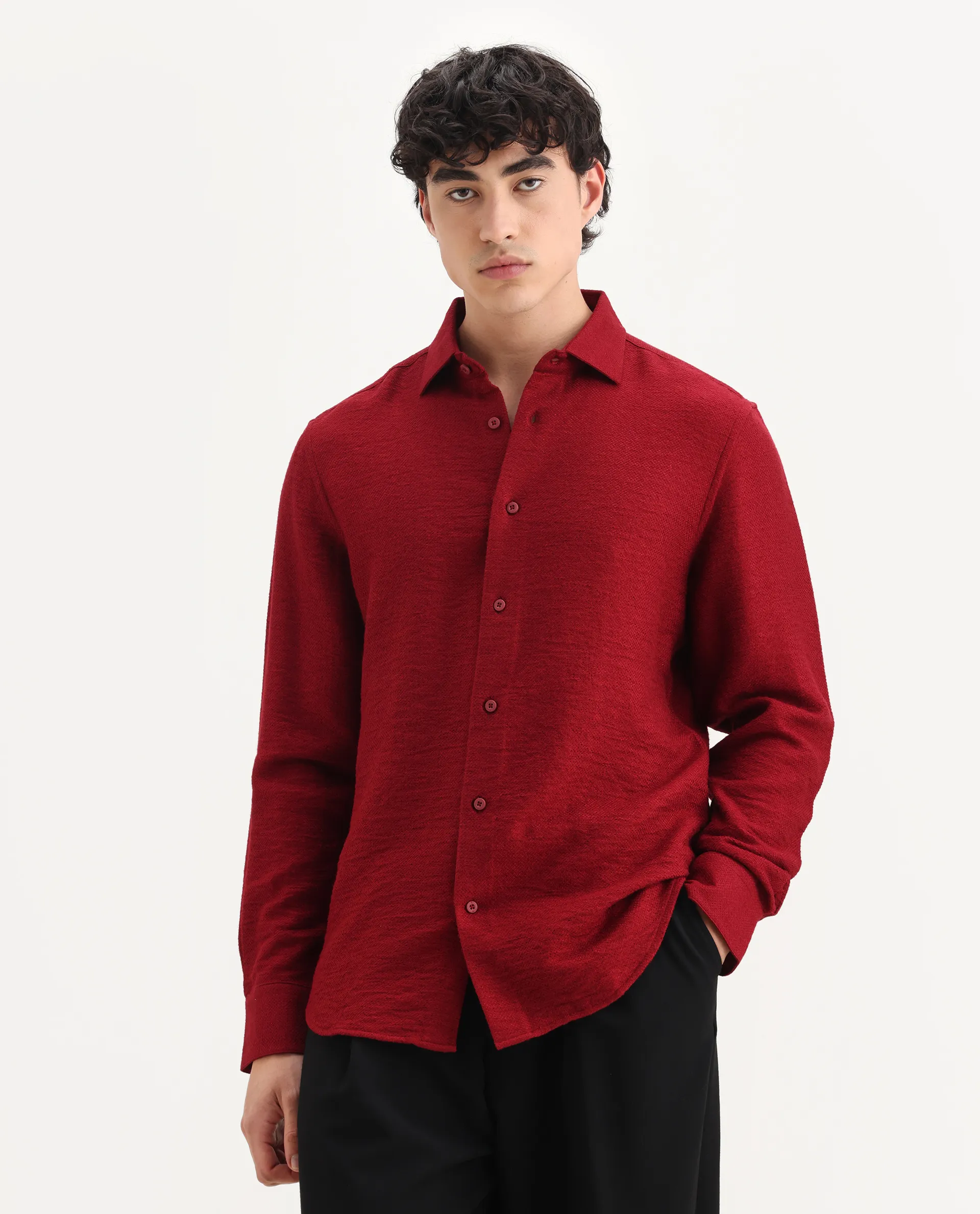 Rare Rabbit Men's Mulfir Red Viscose Fabric Collared Neck Regular Fit Plain Shirt - Image 4