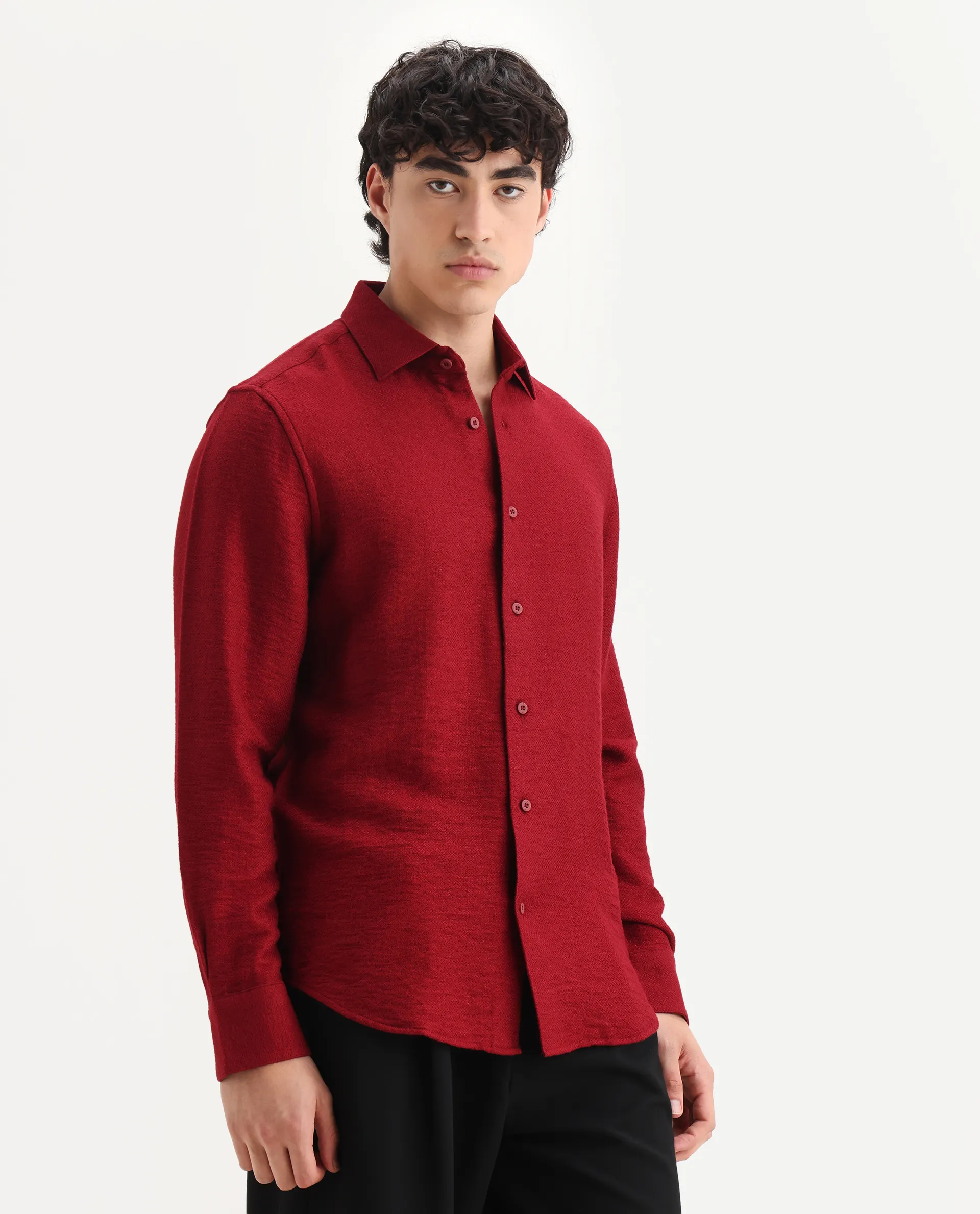 Rare Rabbit Men's Mulfir Red Viscose Fabric Collared Neck Regular Fit Plain Shirt - Image 6