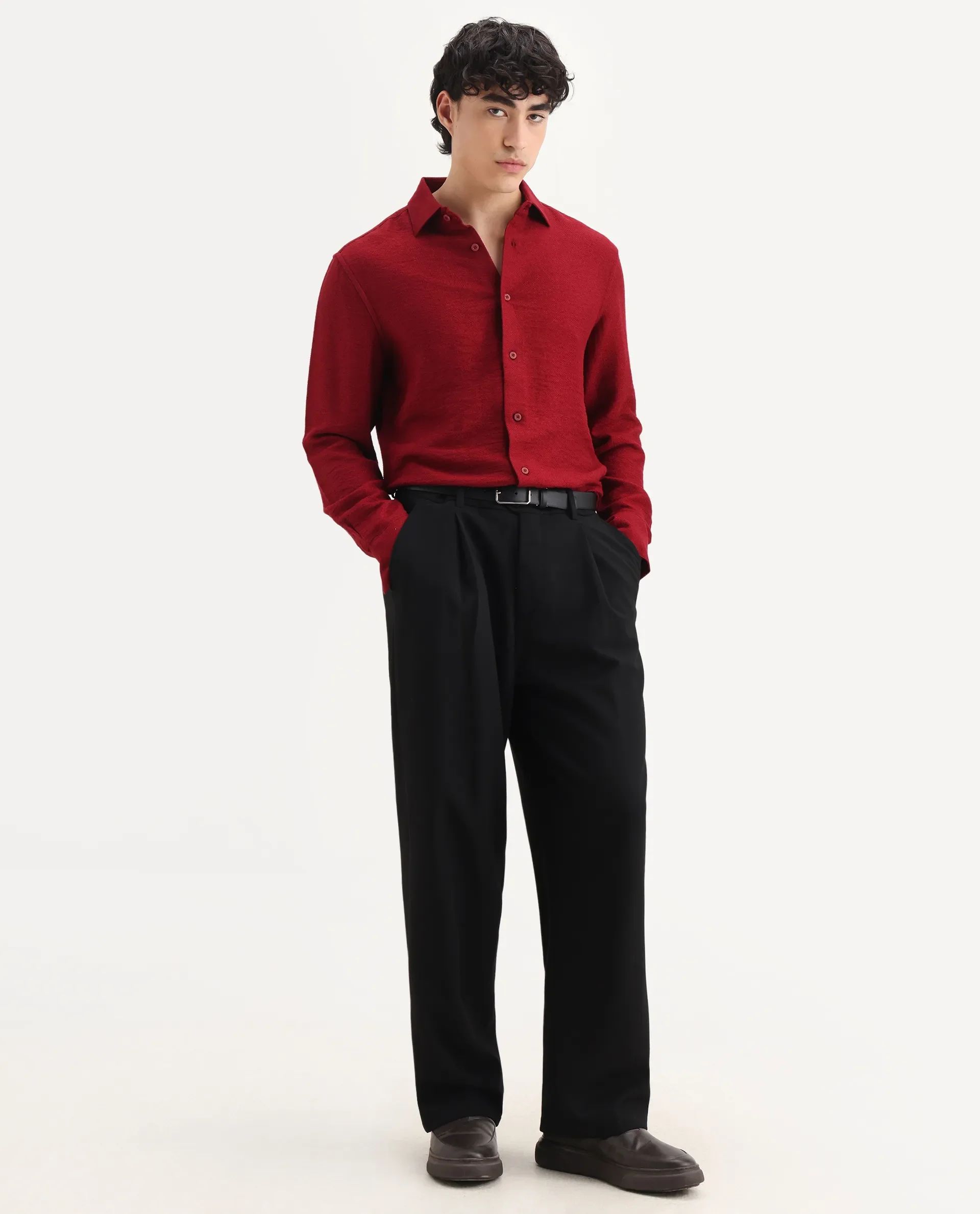 Rare Rabbit Men's Mulfir Red Viscose Fabric Collared Neck Regular Fit Plain Shirt - Image 7