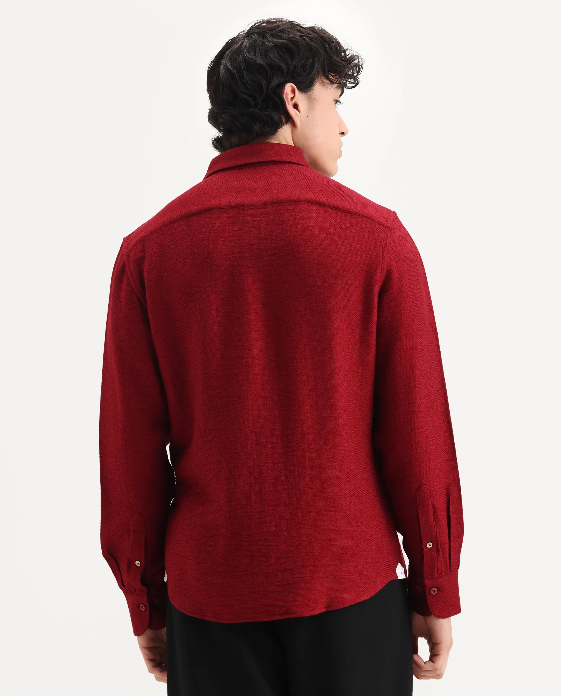 Rare Rabbit Men's Mulfir Red Viscose Fabric Collared Neck Regular Fit Plain Shirt - Image 8