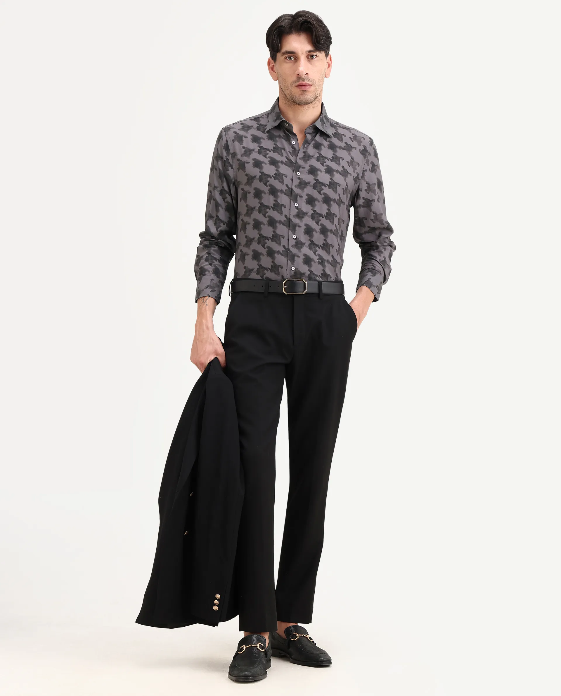 Rare Rabbit Men's Munes Dark Grey Viscose Fabric Collared Neck Regular Geometric Print Shirt - Image 2