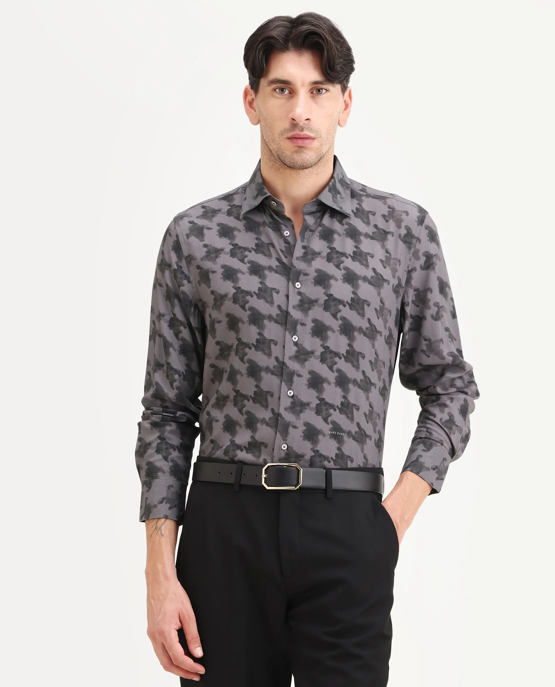 Rare Rabbit Men's Munes Dark Grey Viscose Fabric Collared Neck Regular Geometric Print Shirt - Image 4