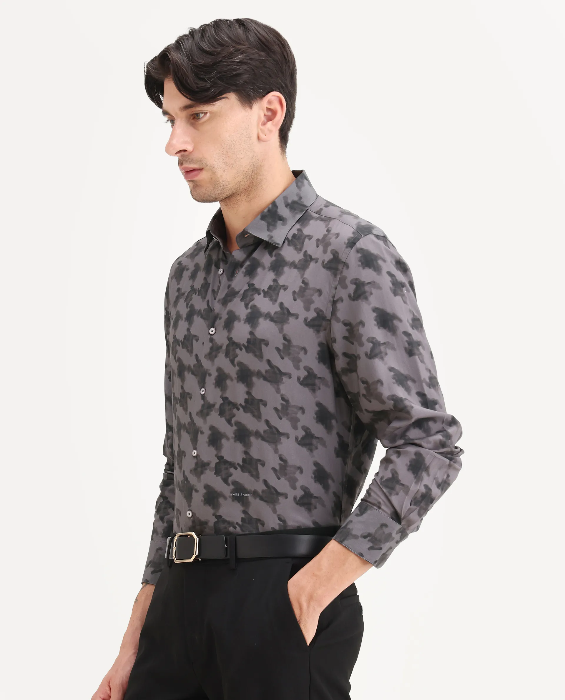 Rare Rabbit Men's Munes Dark Grey Viscose Fabric Collared Neck Regular Geometric Print Shirt - Image 5