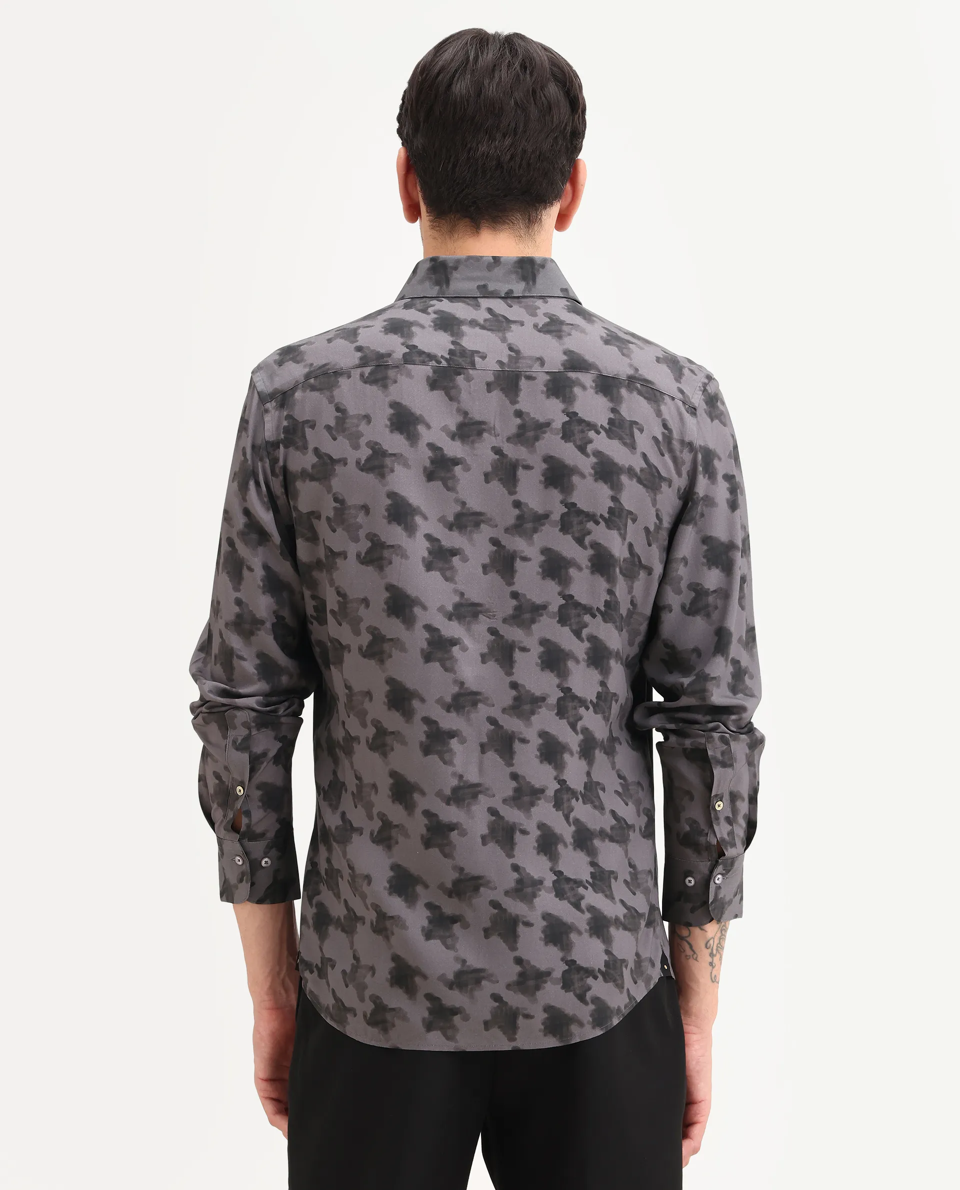 Rare Rabbit Men's Munes Dark Grey Viscose Fabric Collared Neck Regular Geometric Print Shirt - Image 7