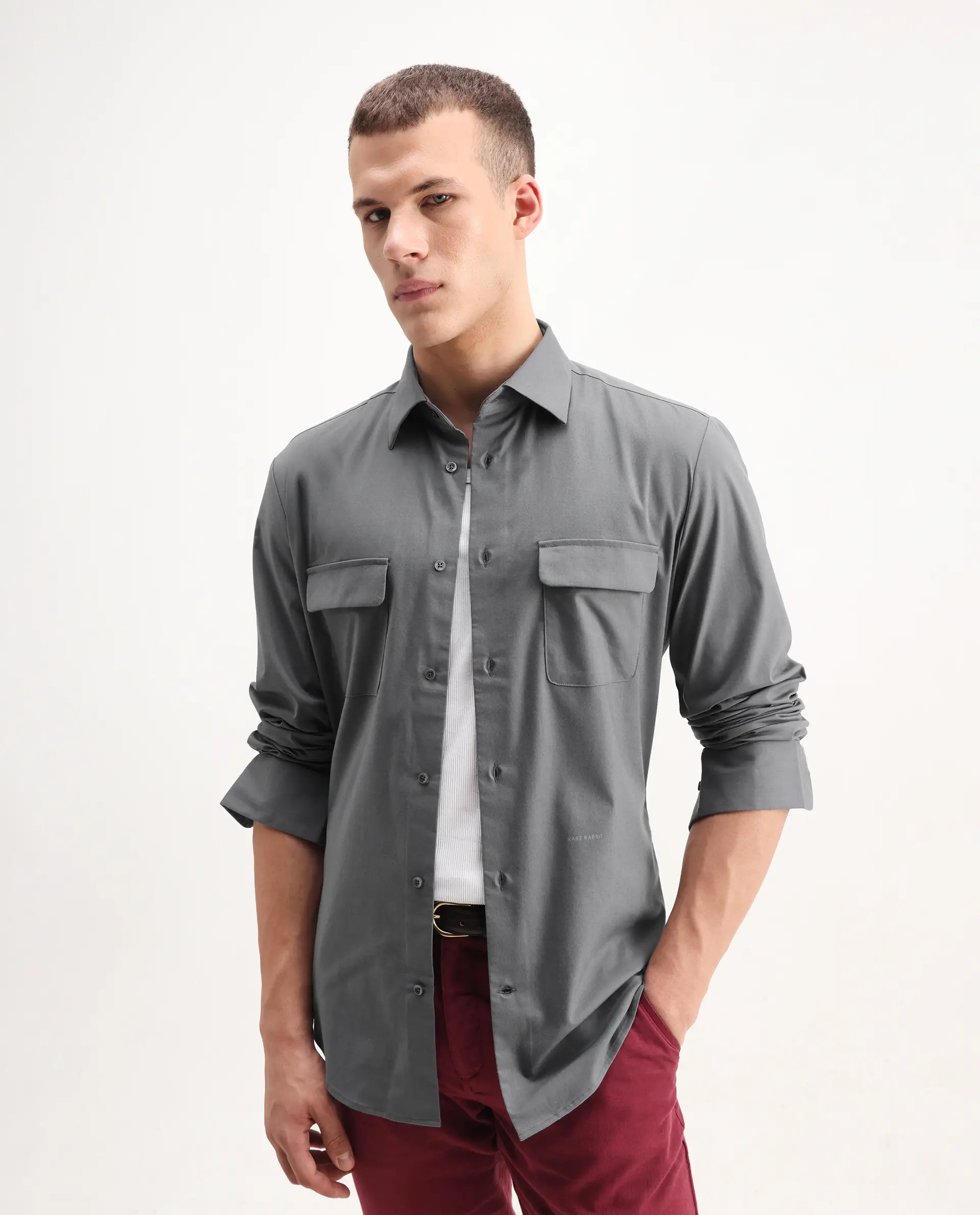 Rare Rabbit Men's Murp Dark Grey Polyester Plain Regular Fit Full Sleeve Collared Shirt