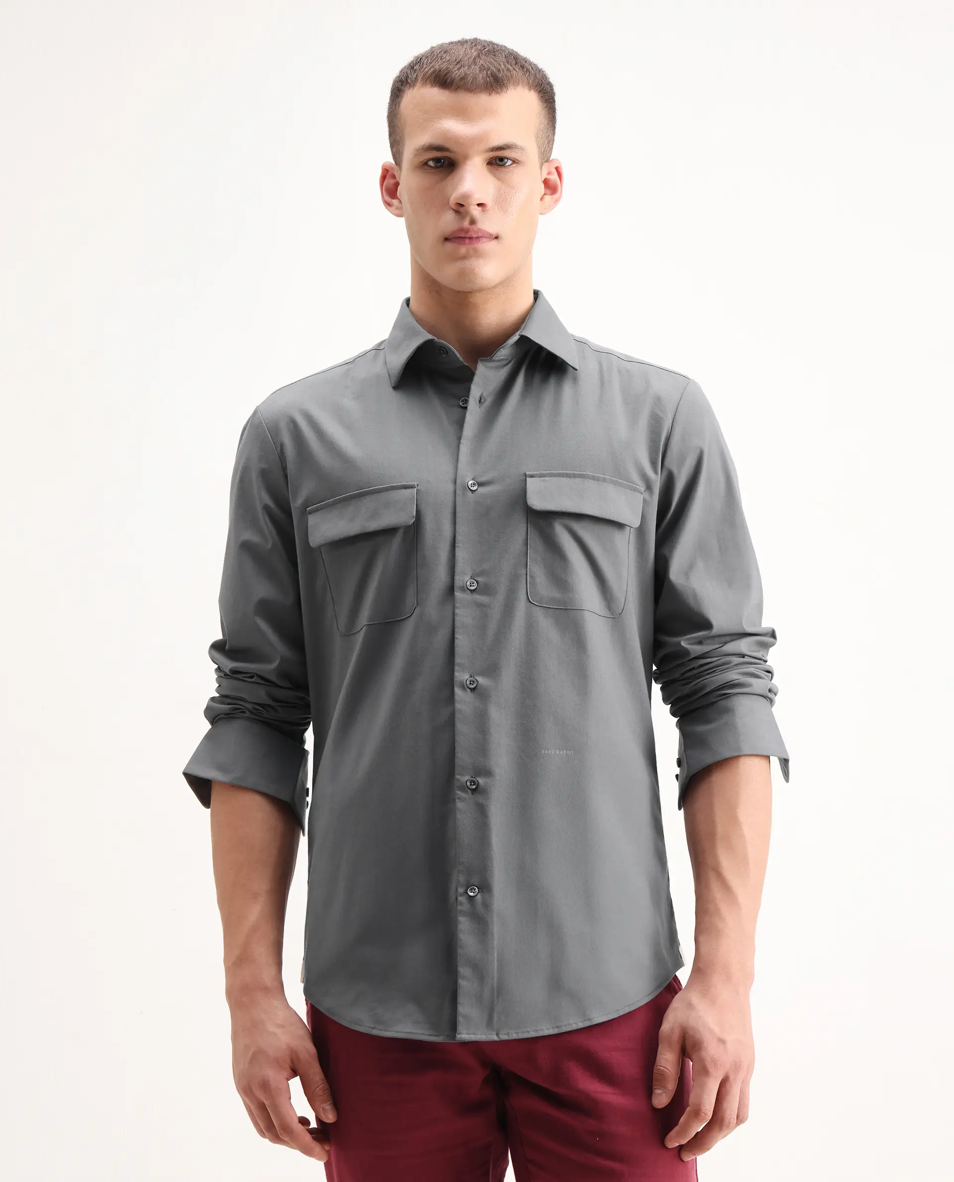 Rare Rabbit Men's Murp Dark Grey Polyester Plain Regular Fit Full Sleeve Collared Shirt - Image 4