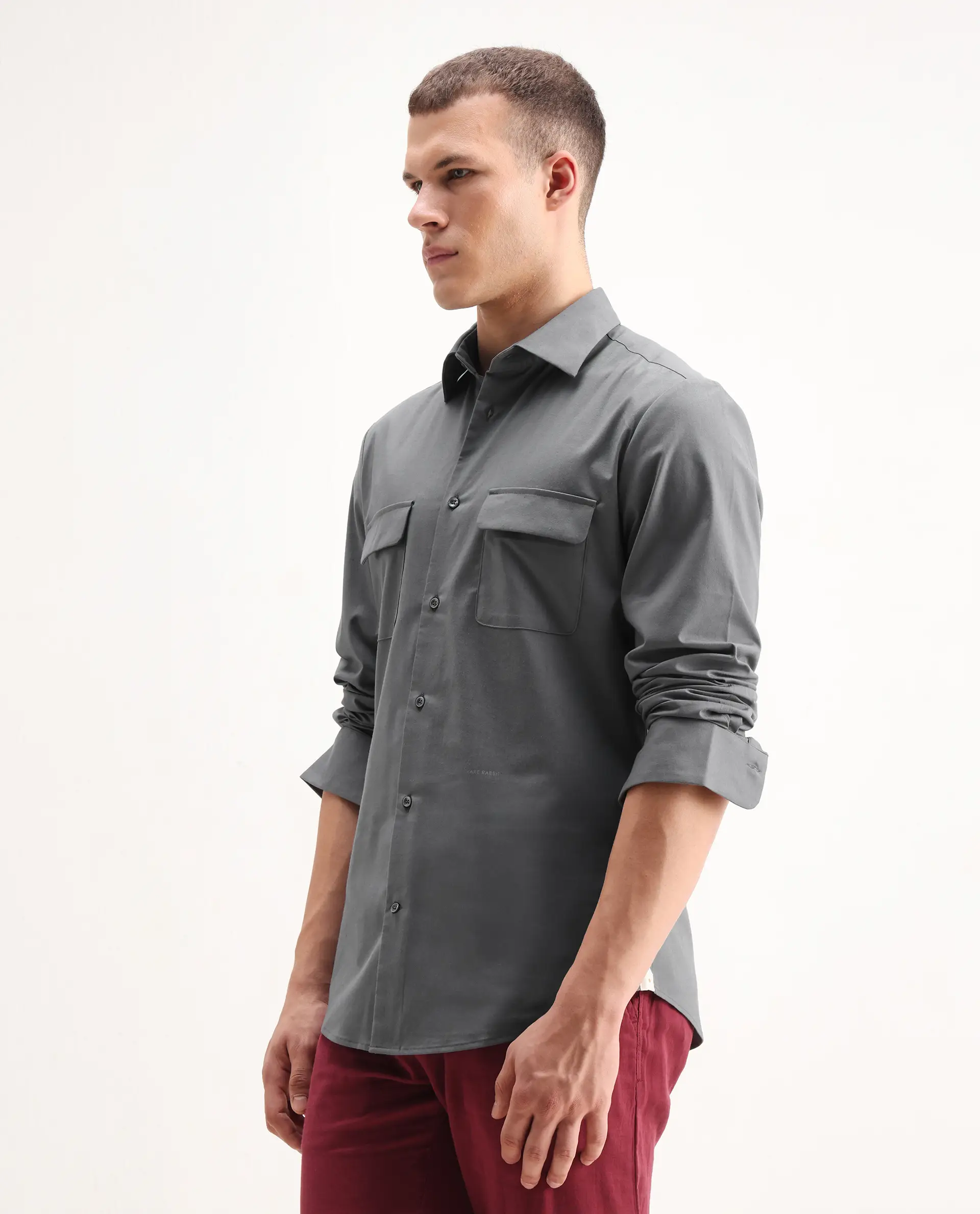 Rare Rabbit Men's Murp Dark Grey Polyester Plain Regular Fit Full Sleeve Collared Shirt - Image 5