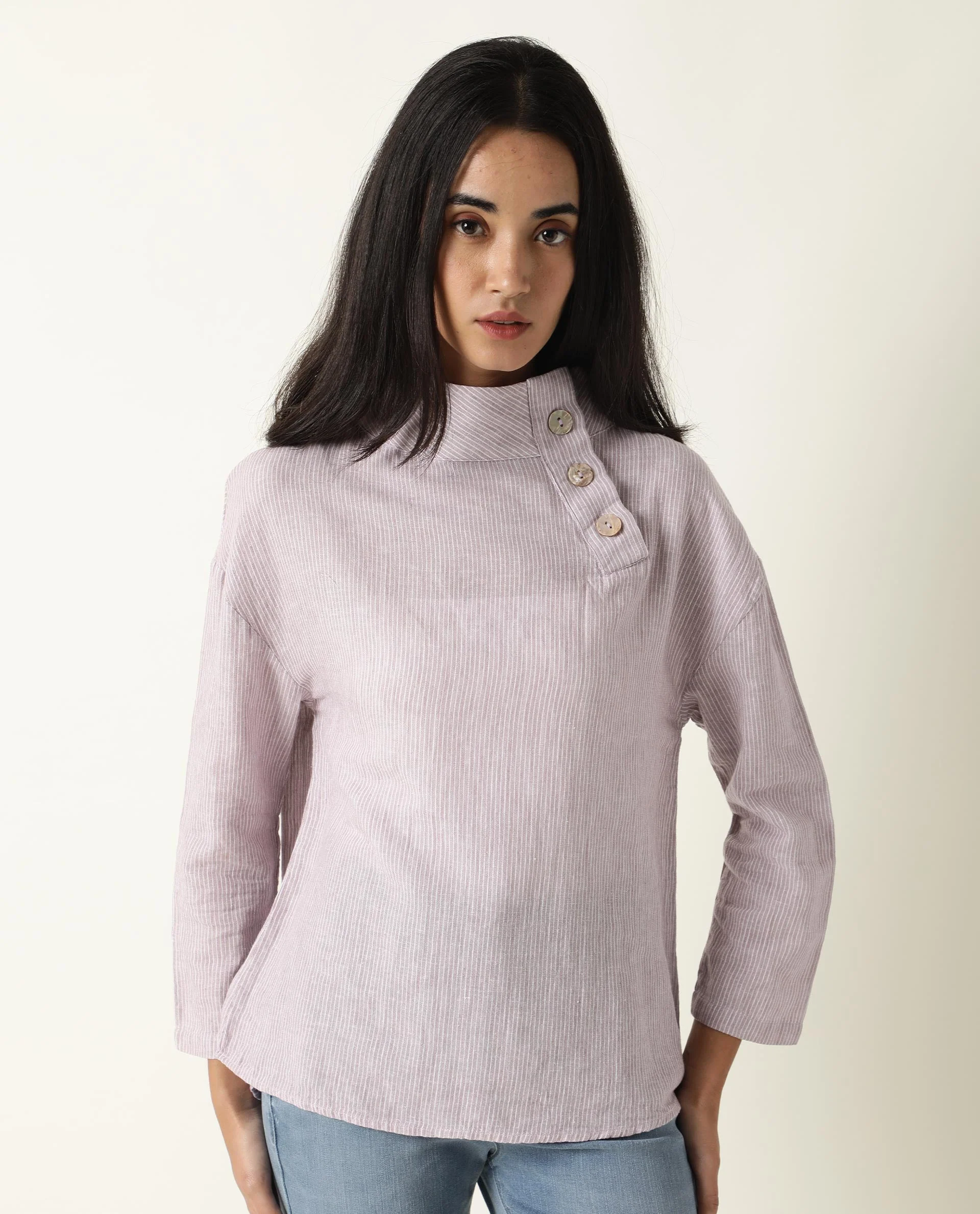 Rareism Women's Mute Purple Linen High Neck Plain Regular Fit Top