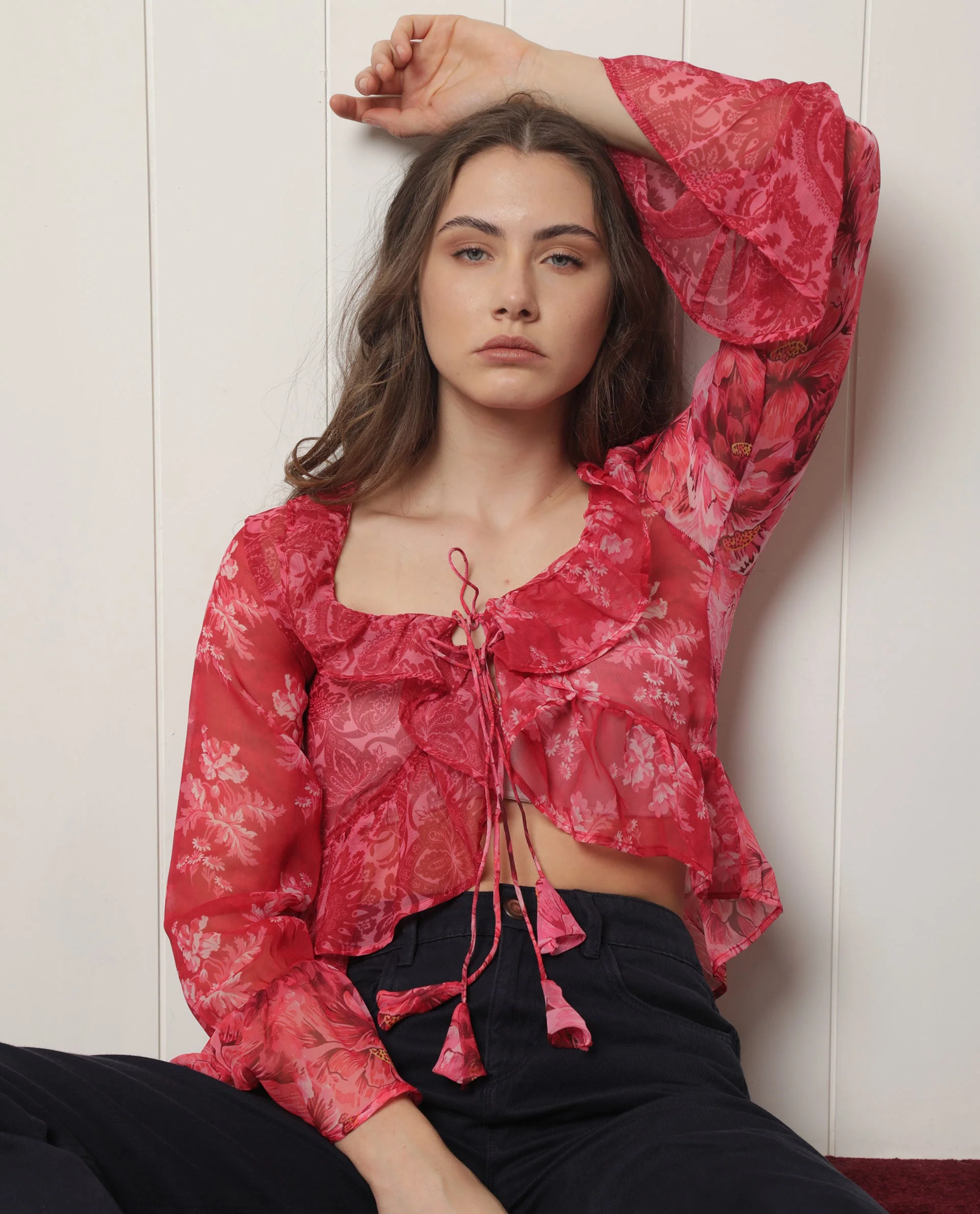 Rareism Women's Myloh Maroon Polyester V-Neck Floral Print Bell Sleeve Crop Regular Fit Shrug