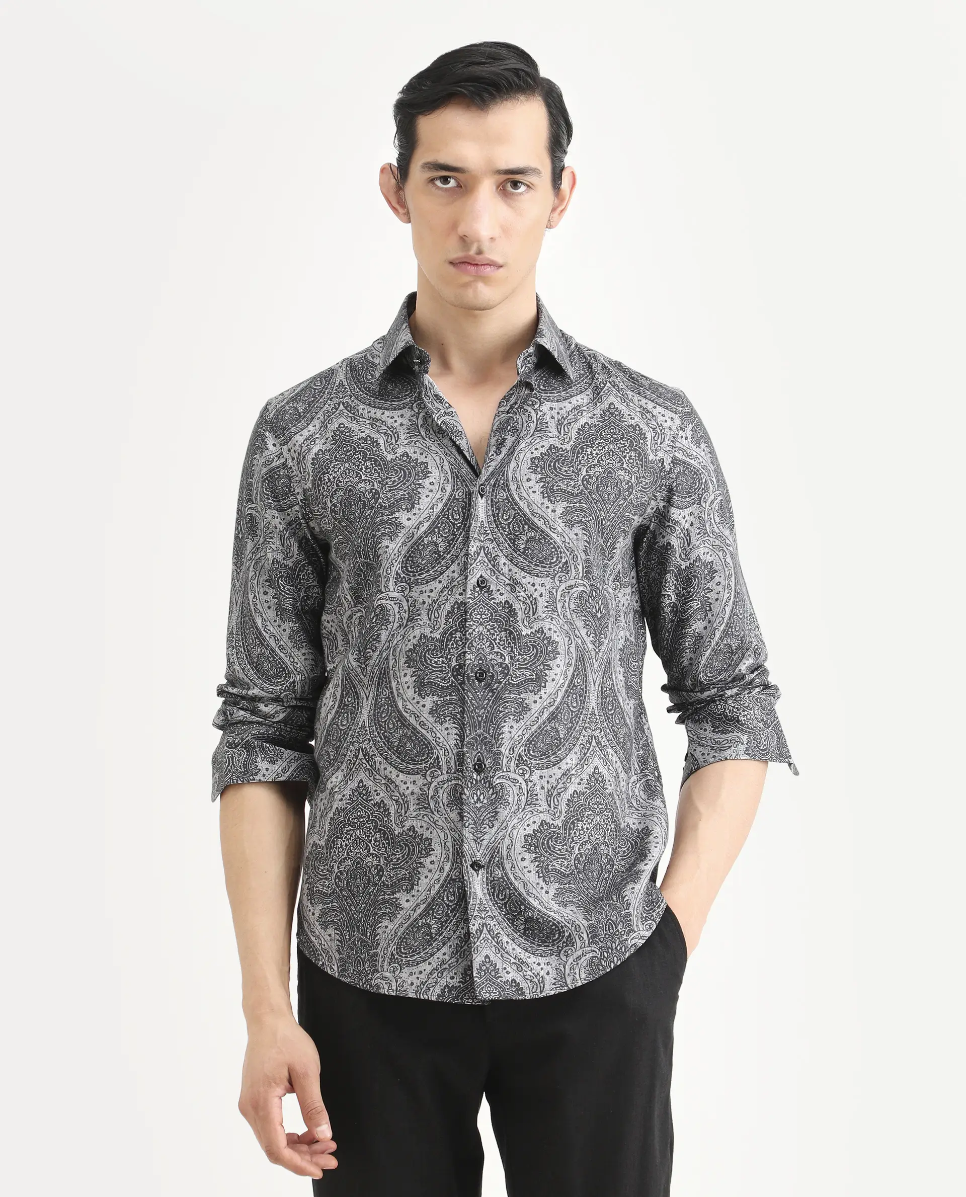 Rare Rabbit Men's Myra Dusky Grey Cotton Fabric Full Sleeve Spread Collar Regular Fit Paisley Shirt - Image 4