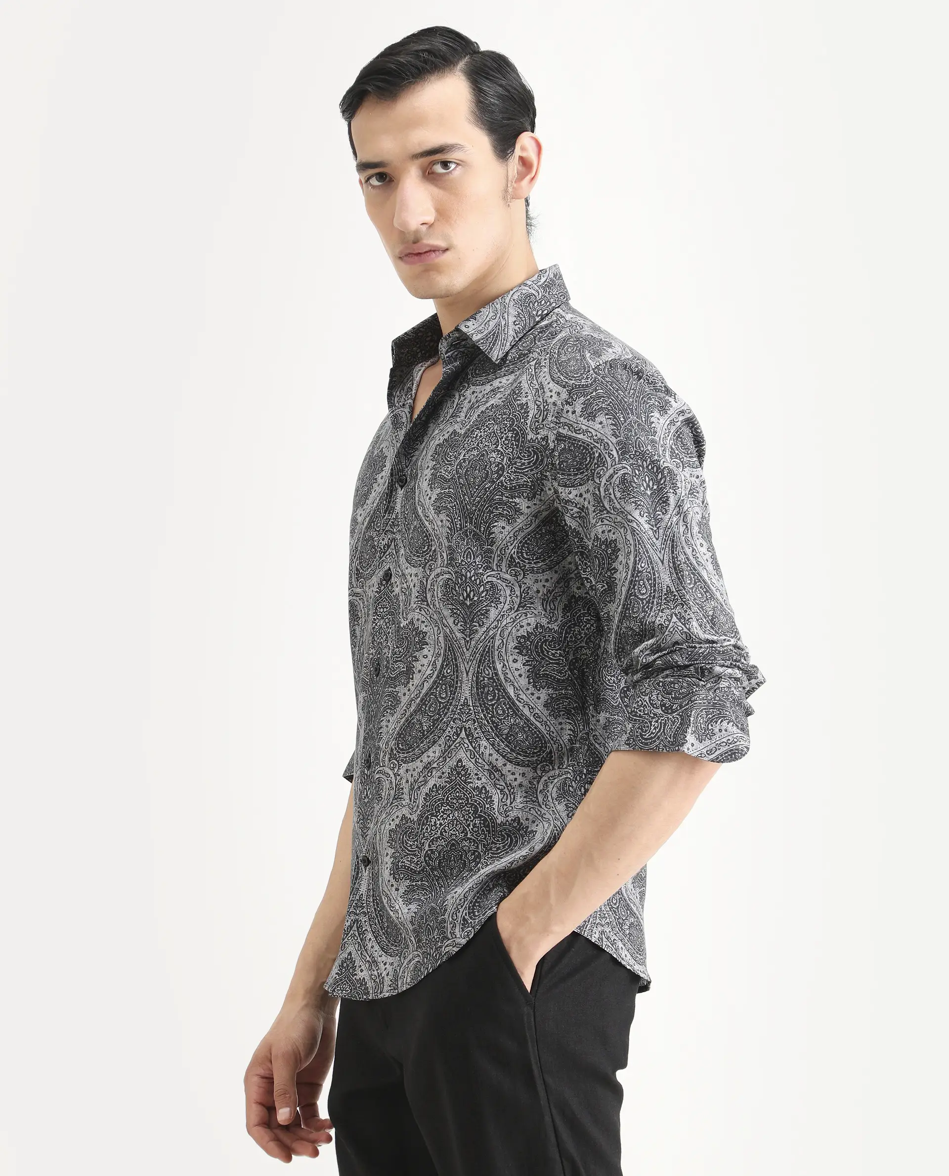 Rare Rabbit Men's Myra Dusky Grey Cotton Fabric Full Sleeve Spread Collar Regular Fit Paisley Shirt - Image 5