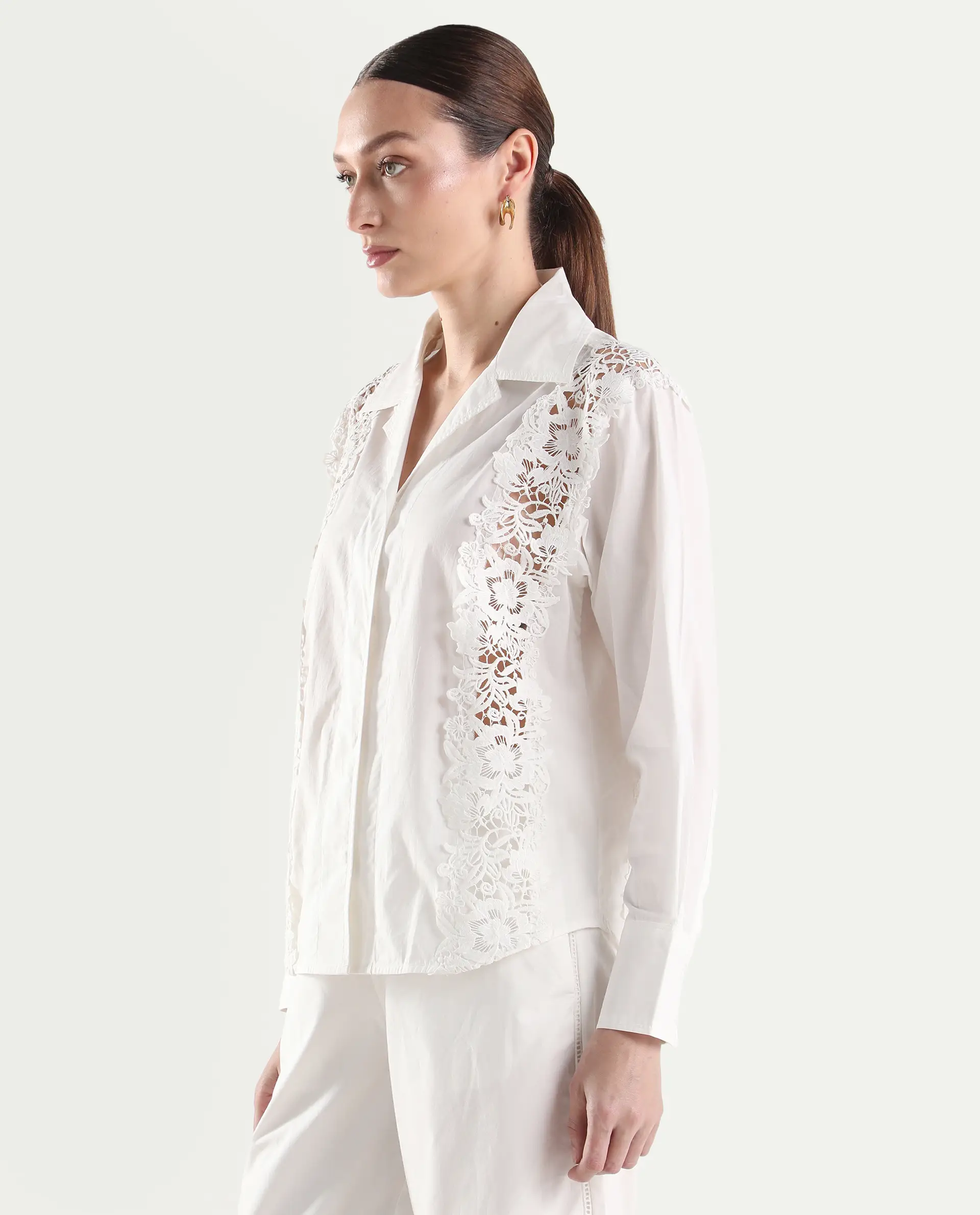 Rareism Women's Mysa-T Off White Cotton Blend Full Sleeve Lapel Neck Relaxed Plain Shirt - Image 5