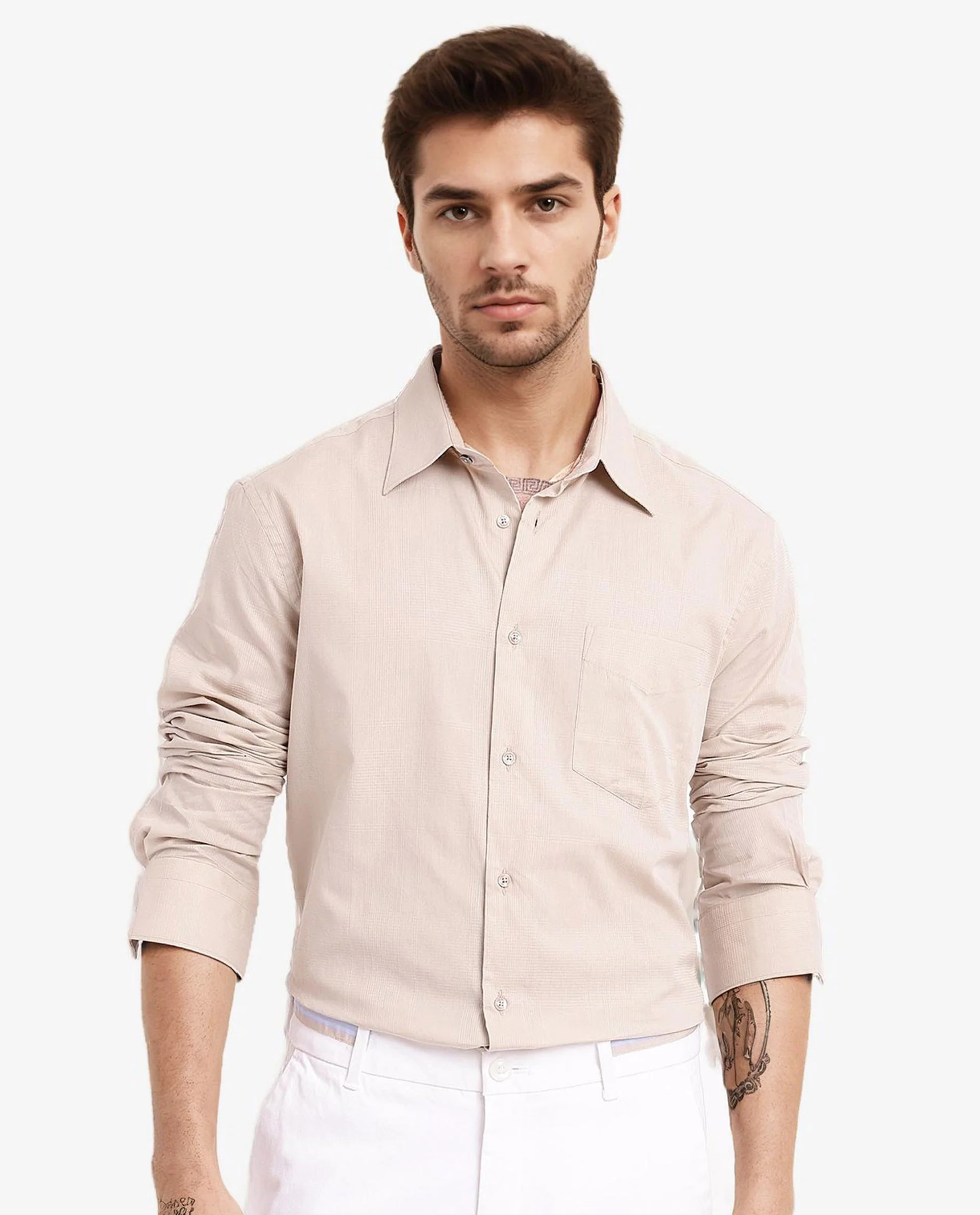 Rare Rabbit Men's Myte Beige Cotton Checked Print Regular Fit Full Sleeve Collared Shirt