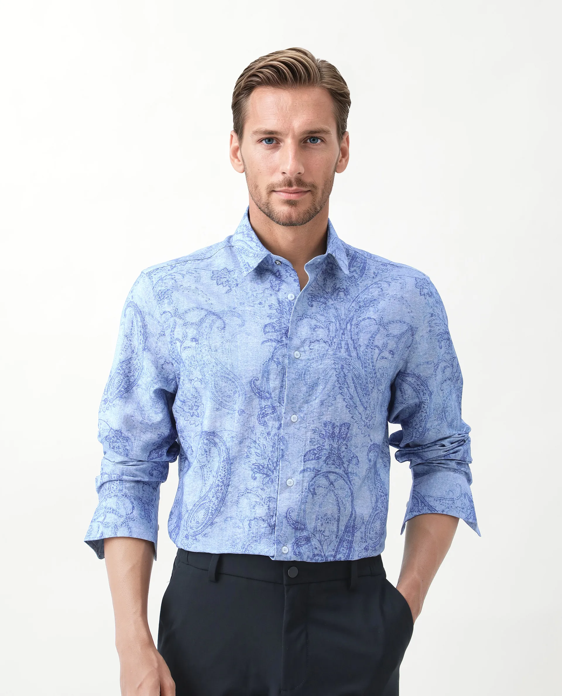 Rare Rabbit Men's Naci Light Blue Tencel Paisley Print Regular Fit Full Sleeve Collared Shirt - Image 3