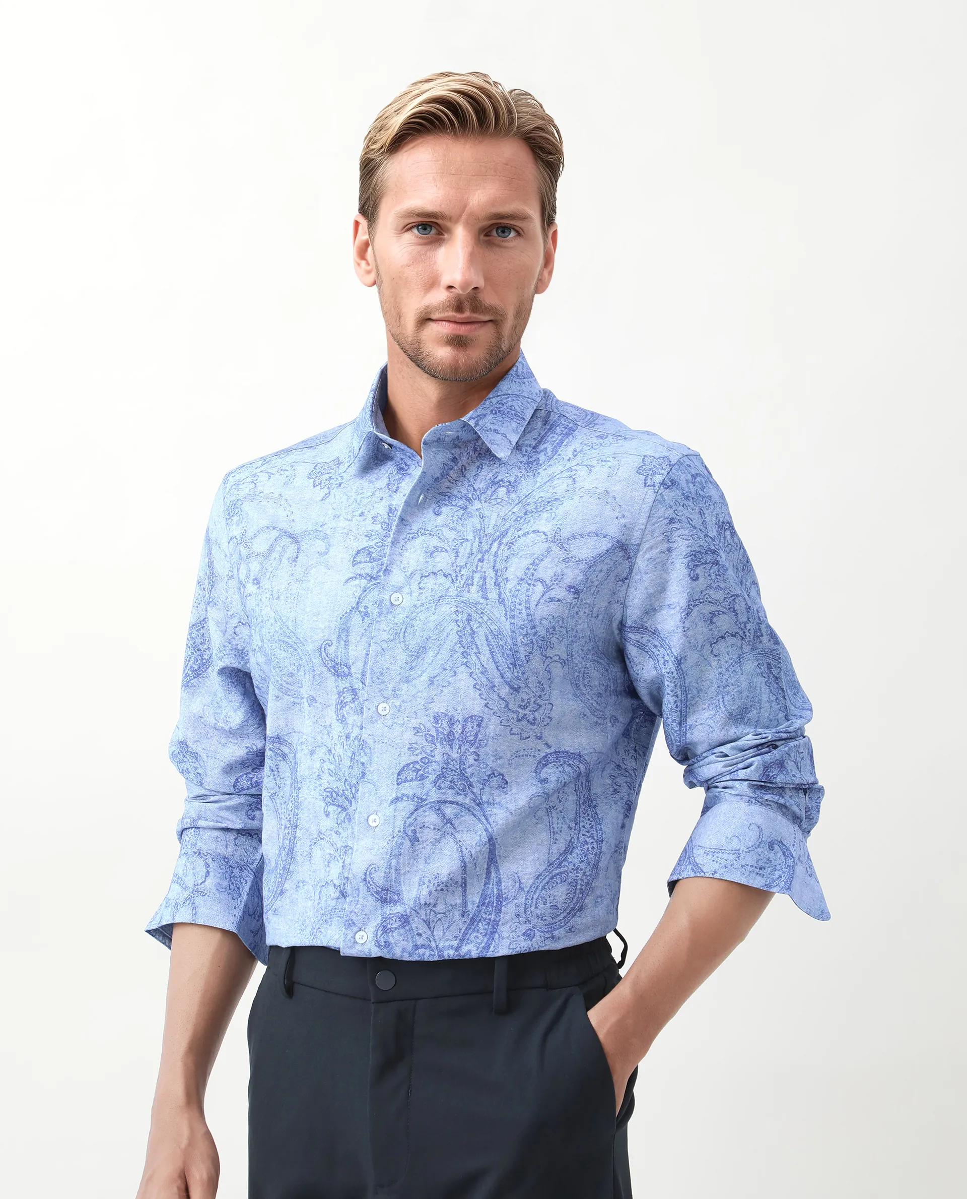 Rare Rabbit Men's Naci Light Blue Tencel Paisley Print Regular Fit Full Sleeve Collared Shirt - Image 7