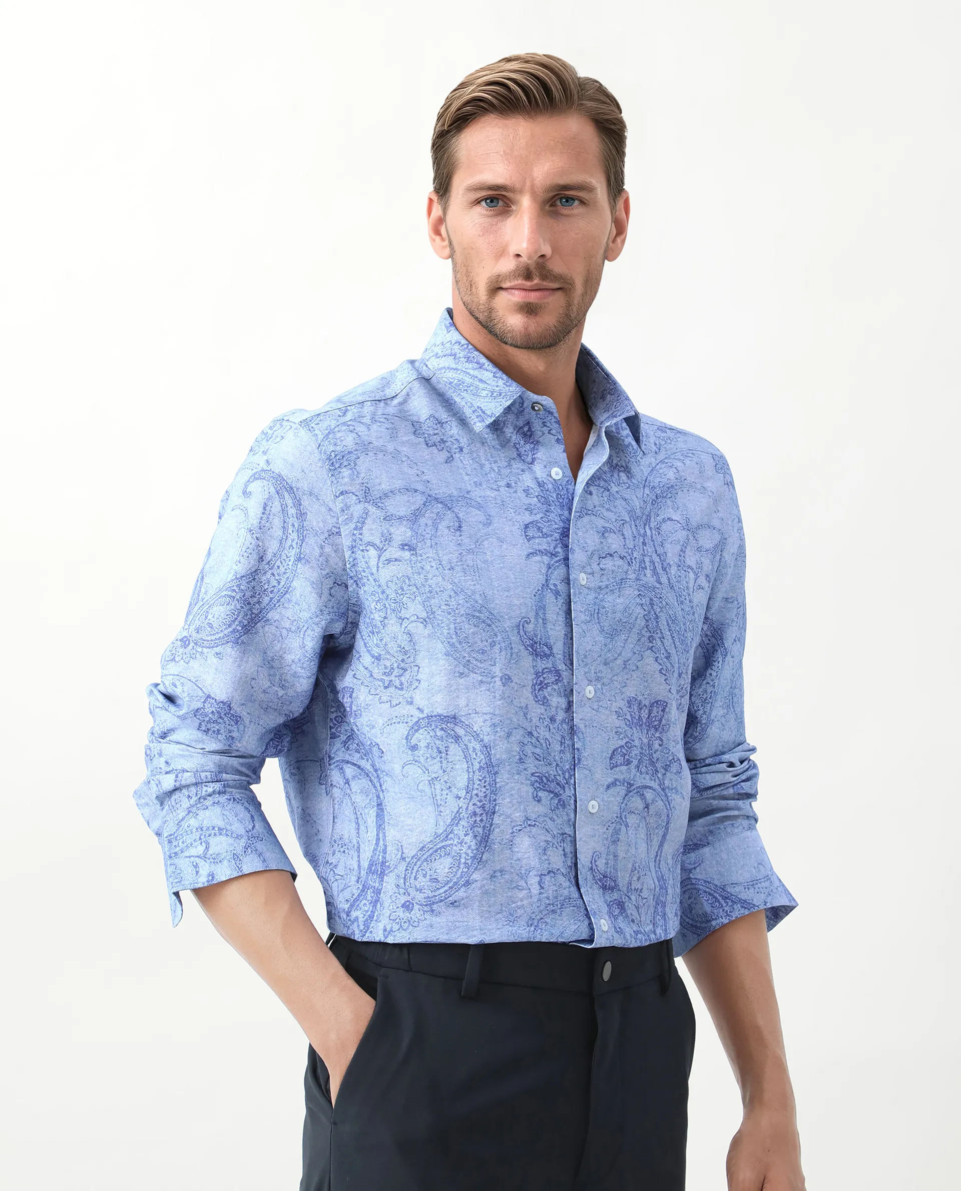 Rare Rabbit Men's Naci Light Blue Tencel Paisley Print Regular Fit Full Sleeve Collared Shirt - Image 8