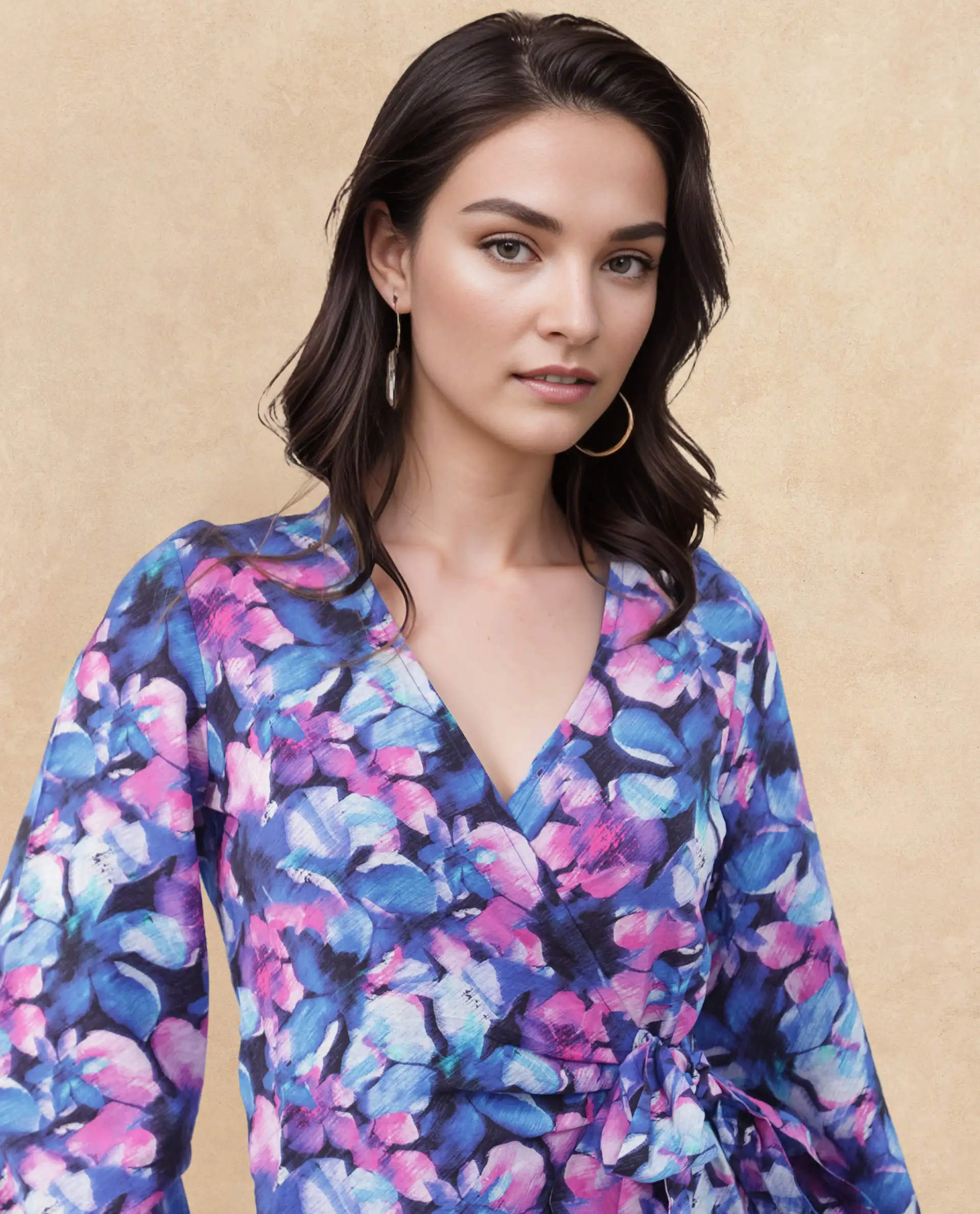 Rareism Women's Naho Multi Rayon Overlap Neck Floral Print Mini Wrap Dress - Image 3