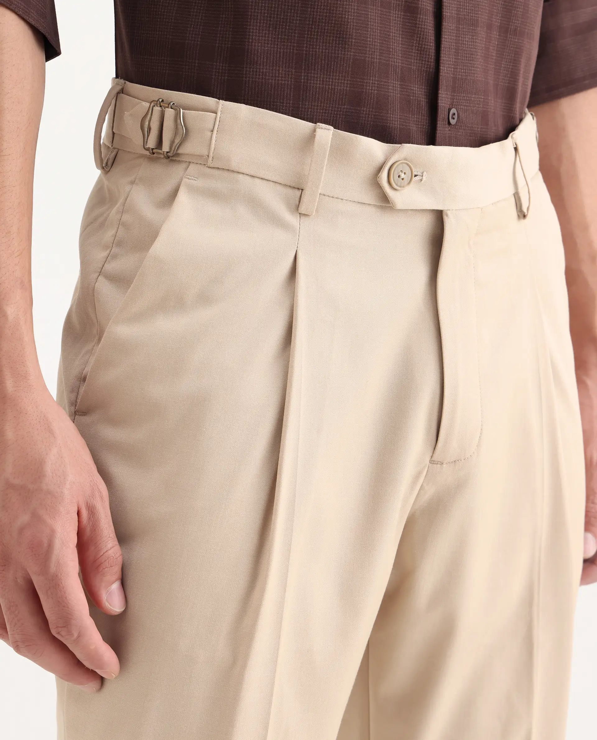 Rare Rabbit Men's Naji Beige Cotton Blend Plain Relaxed Fit Trouser - Image 3