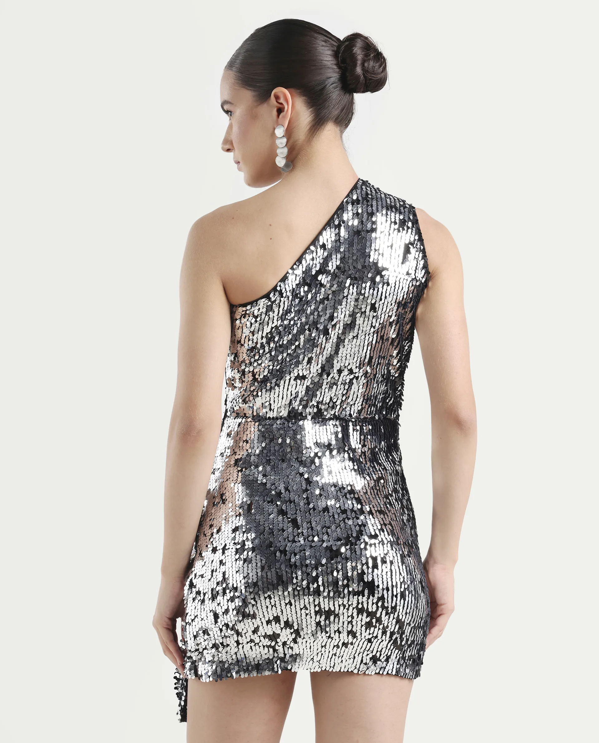 Rareism Women's Nala Sheen Silver Polyester Collarless Sequined Sleeveless Mini Regular Fit Dress - Image 7