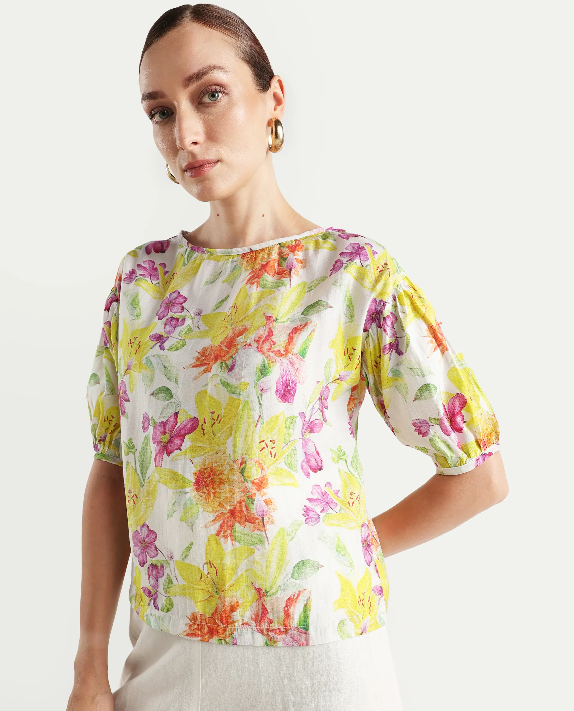 Rareism Women's Naldu Multi Viscose Crew Neck Floral Print Bishop Sleeve Boxy Fit Top