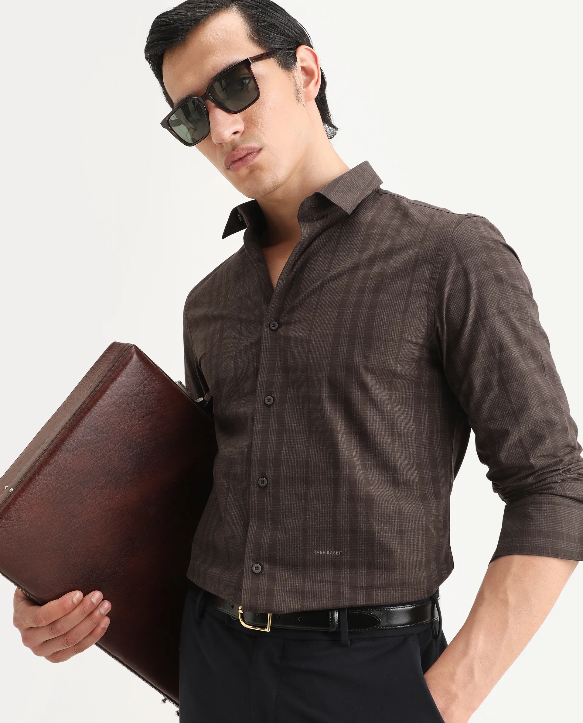 Rare Rabbit Men's Naro-25 Brown Cotton Checked Print Regular Fit Full Sleeve Spread Collar Shirt