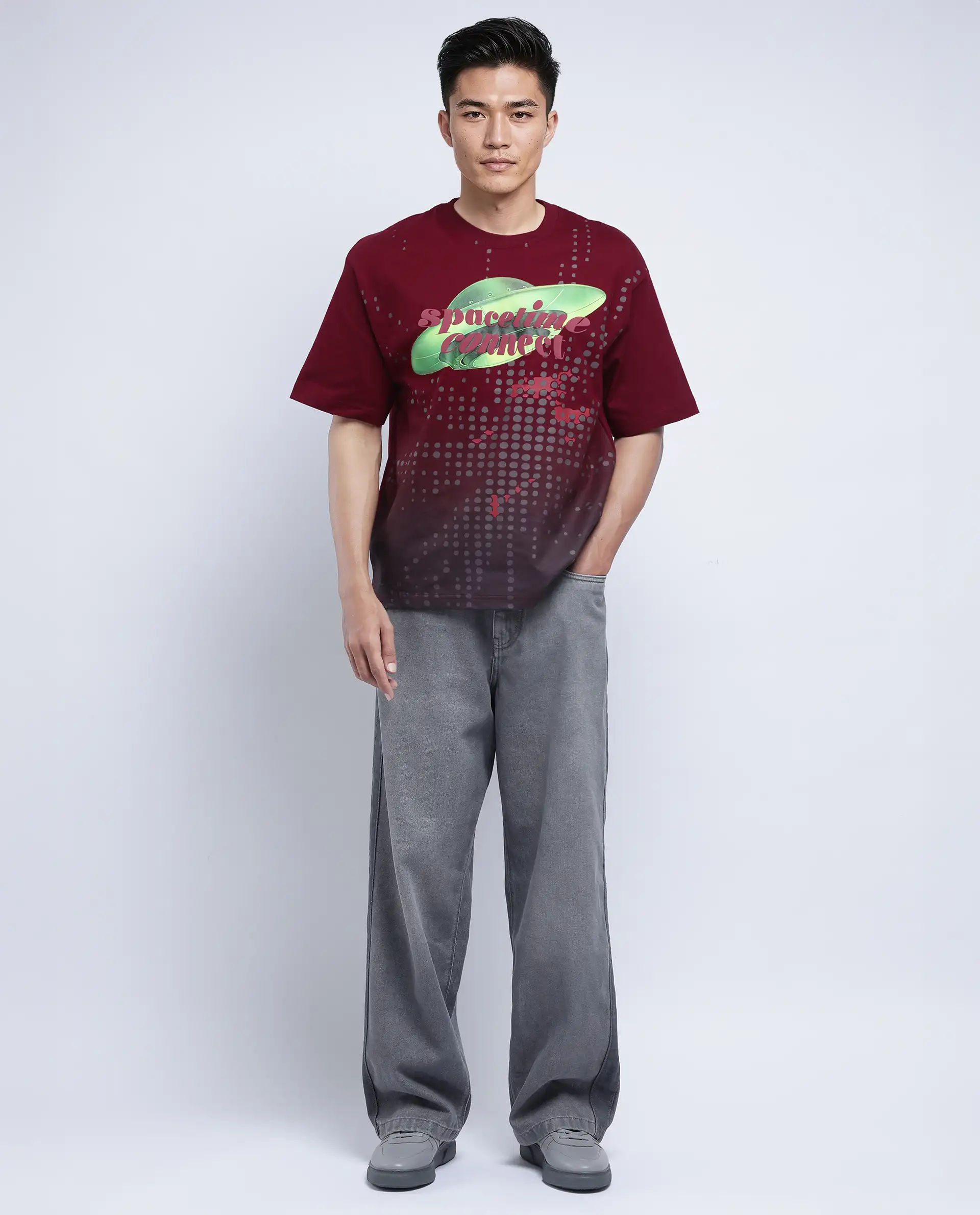 Rare Rabbit Men's Nas Red Cotton Graphic Print Oversized Fit Half Sleeve Crew Neck T-Shirt