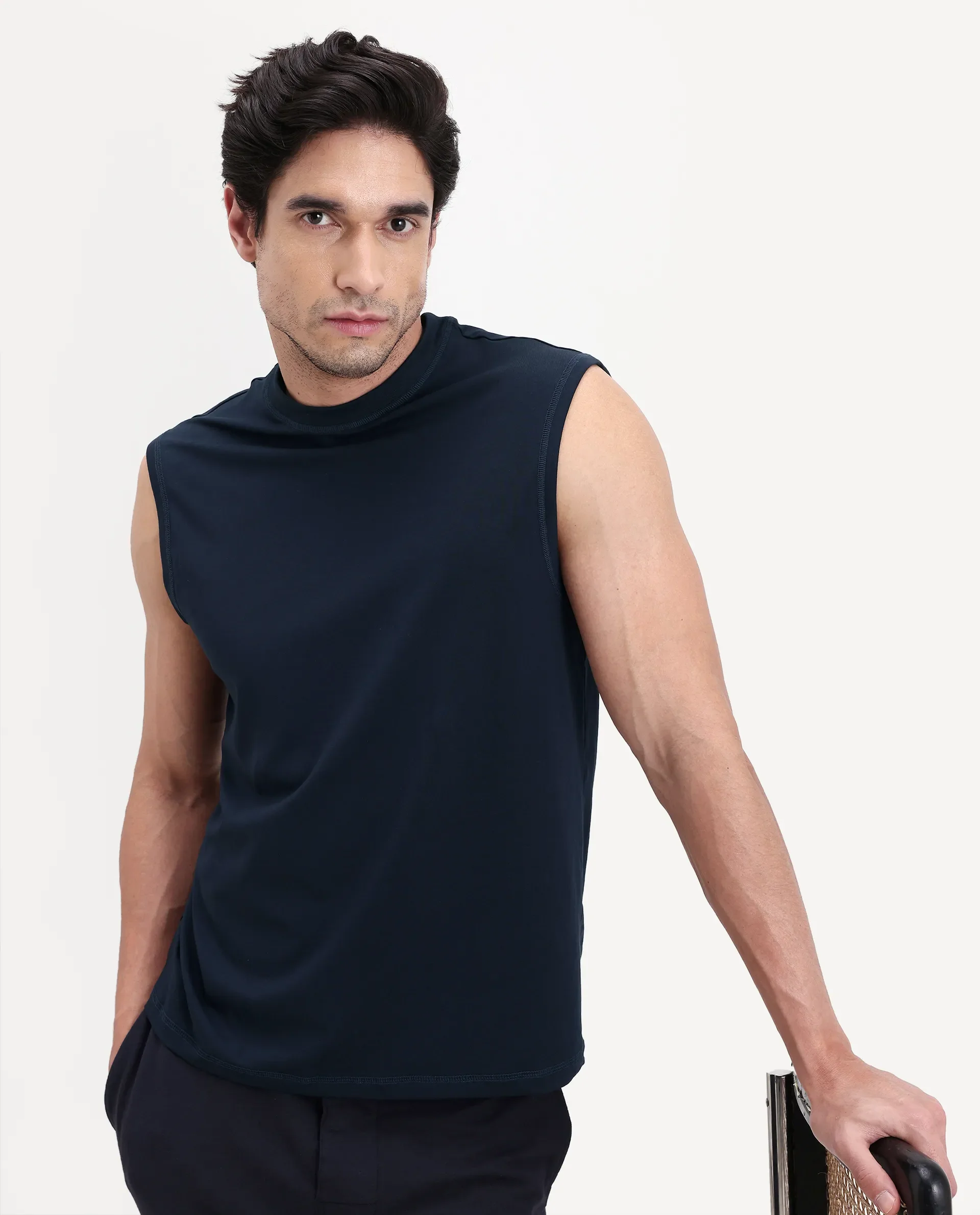 Rare Rabbit Men's Nats Navy Viscose Fabric Regular Fit Plain Stretchable Sleeveless Vest