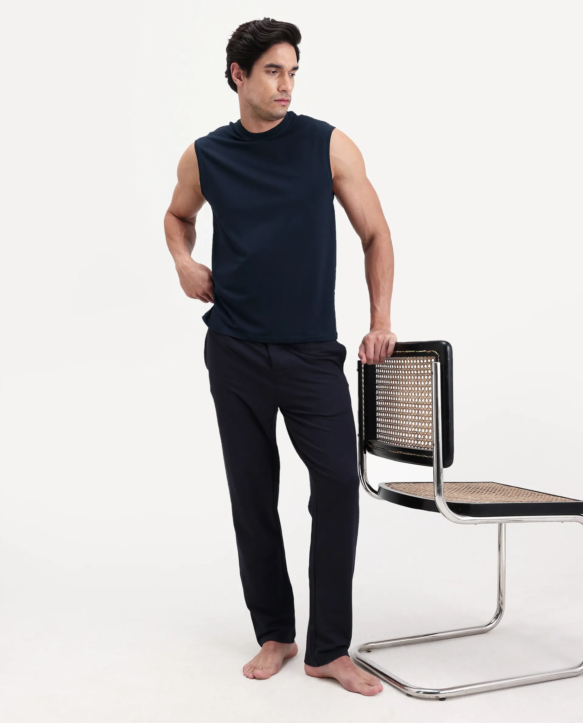 Rare Rabbit Men's Nats Navy Viscose Fabric Regular Fit Plain Stretchable Sleeveless Vest - Image 3