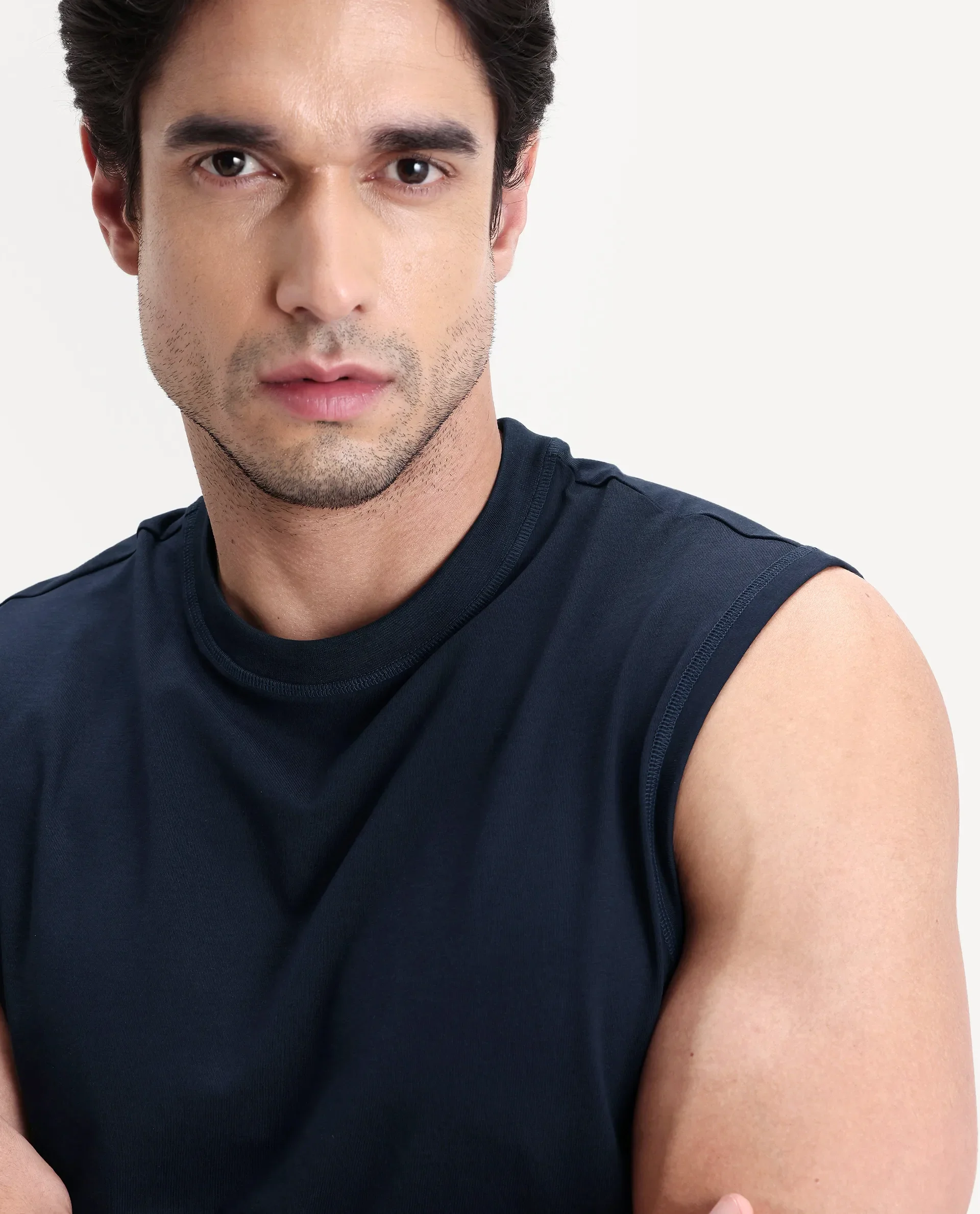 Rare Rabbit Men's Nats Navy Viscose Fabric Regular Fit Plain Stretchable Sleeveless Vest - Image 4