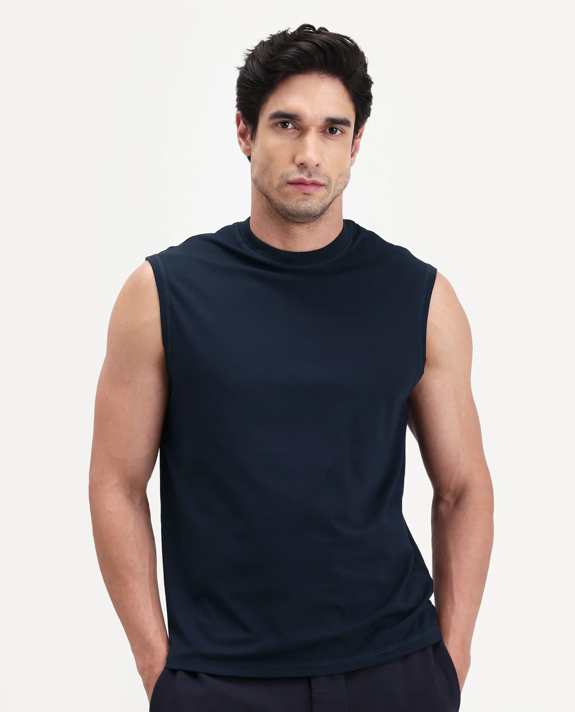 Rare Rabbit Men's Nats Navy Viscose Fabric Regular Fit Plain Stretchable Sleeveless Vest - Image 5