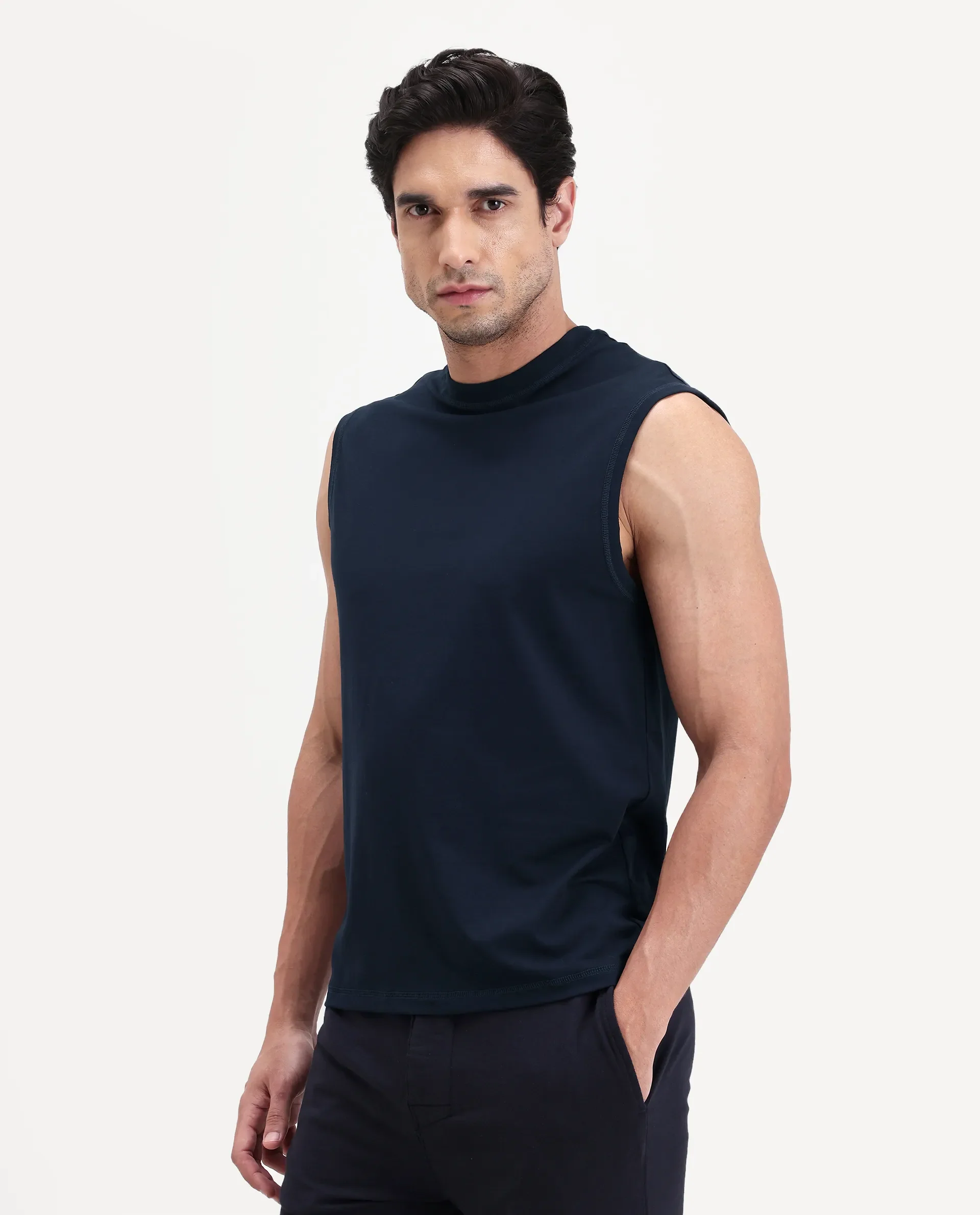 Rare Rabbit Men's Nats Navy Viscose Fabric Regular Fit Plain Stretchable Sleeveless Vest - Image 6