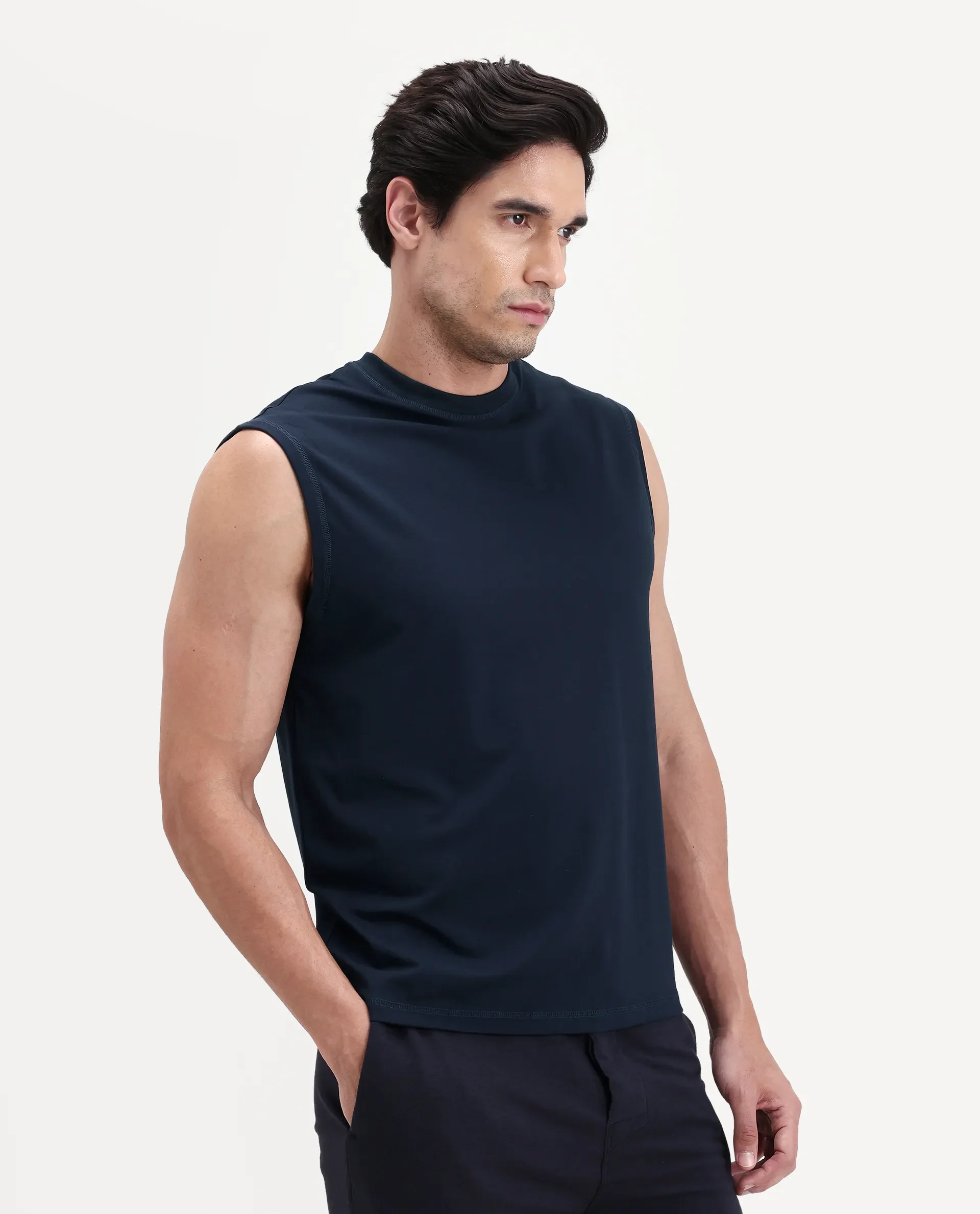 Rare Rabbit Men's Nats Navy Viscose Fabric Regular Fit Plain Stretchable Sleeveless Vest - Image 7