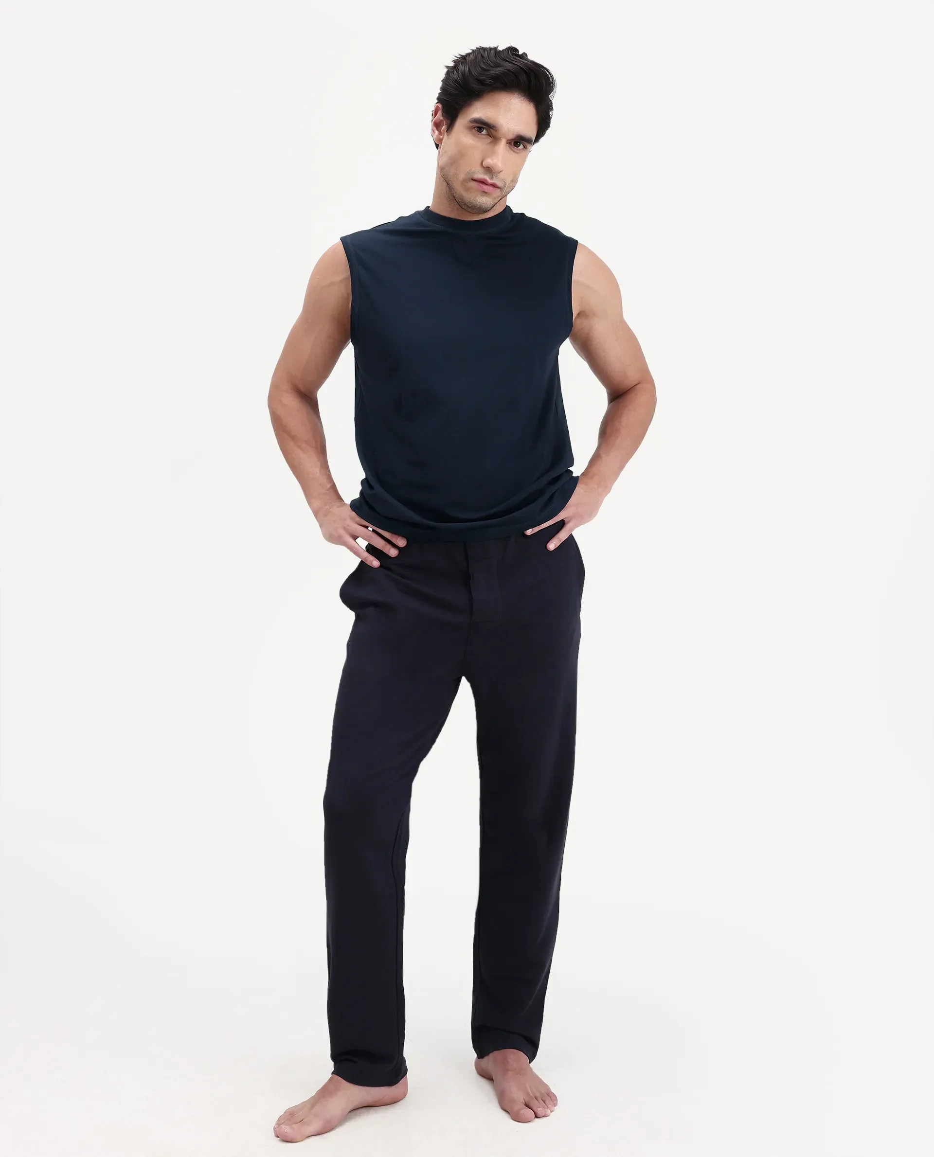 Rare Rabbit Men's Nats Navy Viscose Fabric Regular Fit Plain Stretchable Sleeveless Vest - Image 8