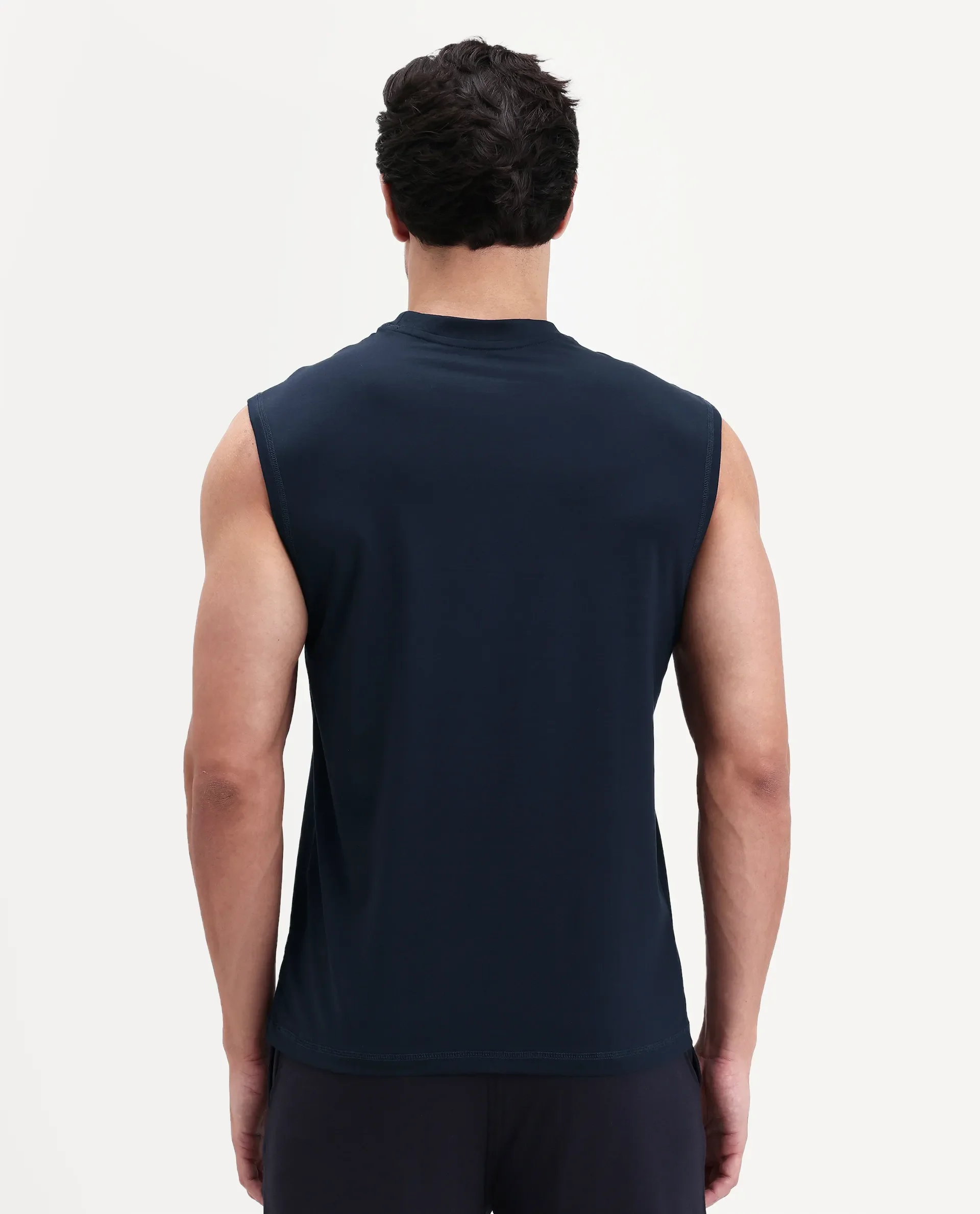 Rare Rabbit Men's Nats Navy Viscose Fabric Regular Fit Plain Stretchable Sleeveless Vest - Image 9