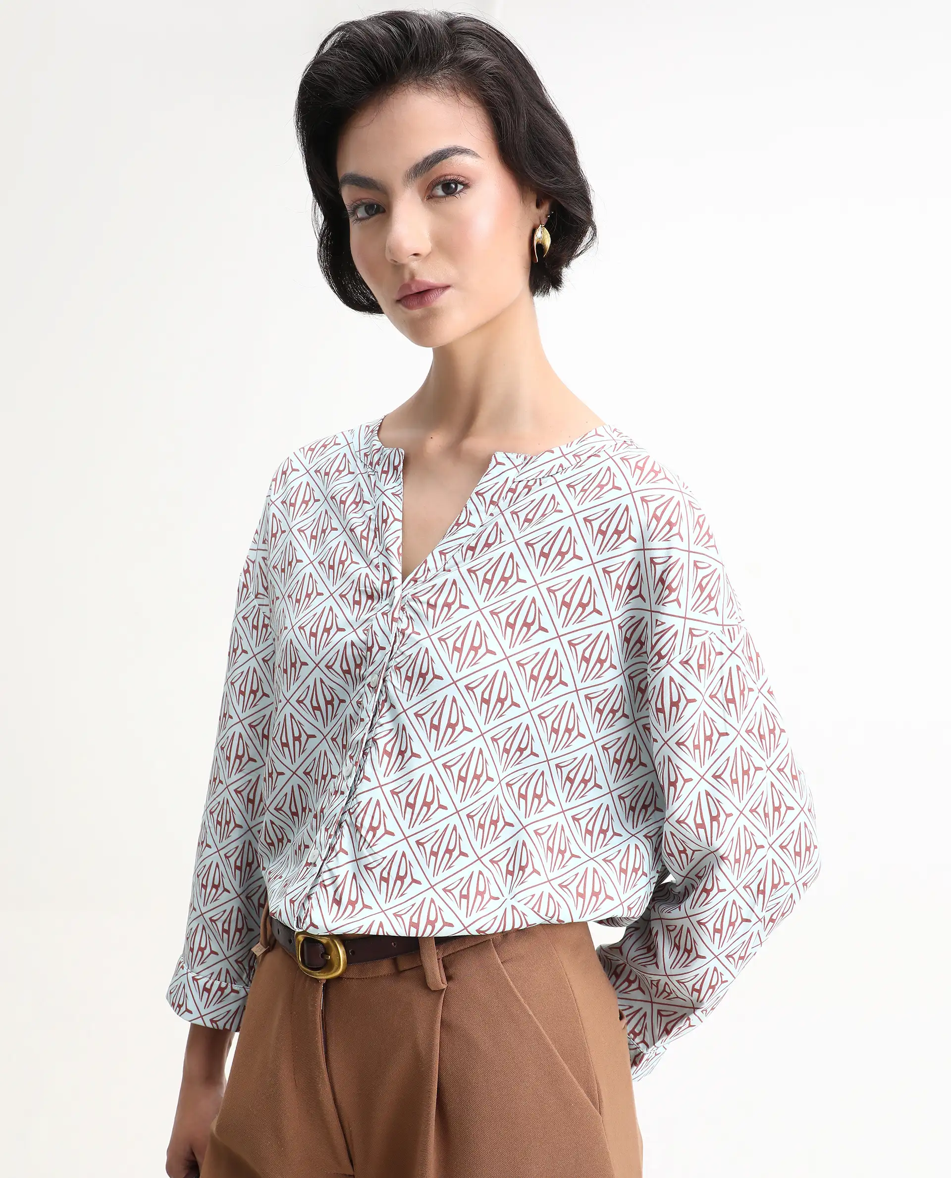 Rareism Women's Nector Blue Viscose Mandarin Collar Monogram Print Regular Fit Top