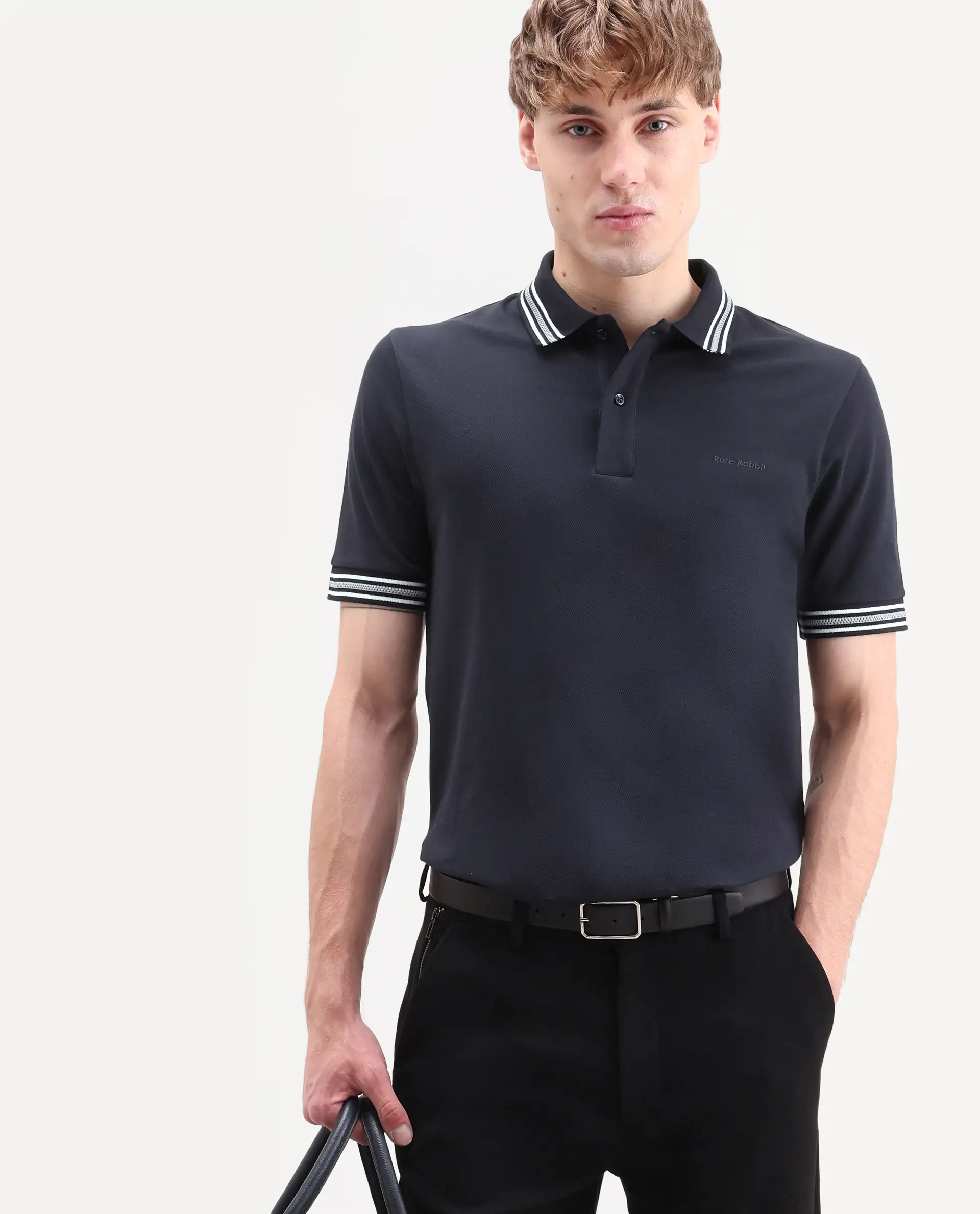 Rare Rabbit Men's Nega Navy Cotton Blend Fabric Half Sleeve Spread Collar Regular Fit Plain Polo