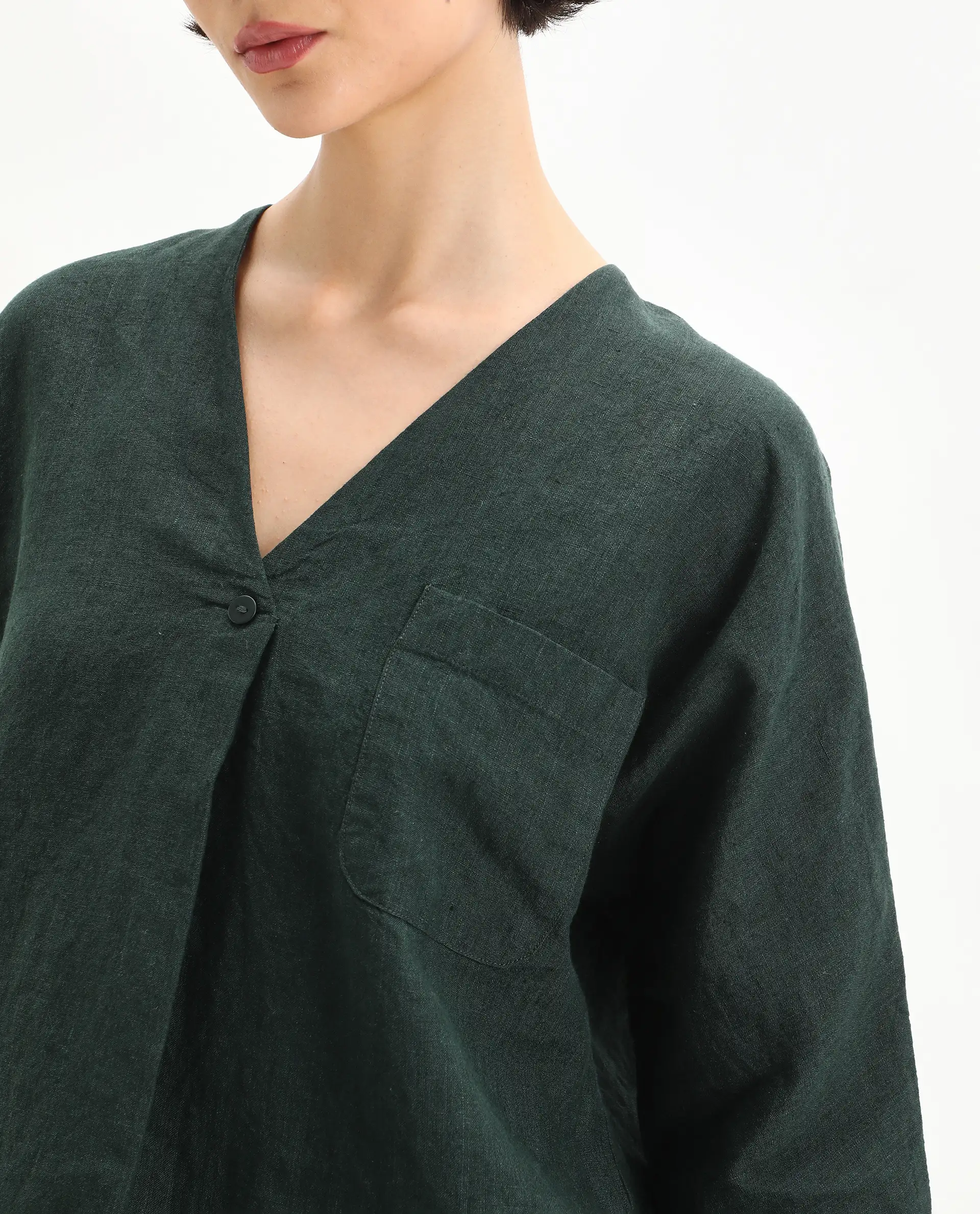 Rareism Women's Nenma Dark Green Linen Kimono Sleeve V-Neck Relaxed Fit Plain Top - Image 3