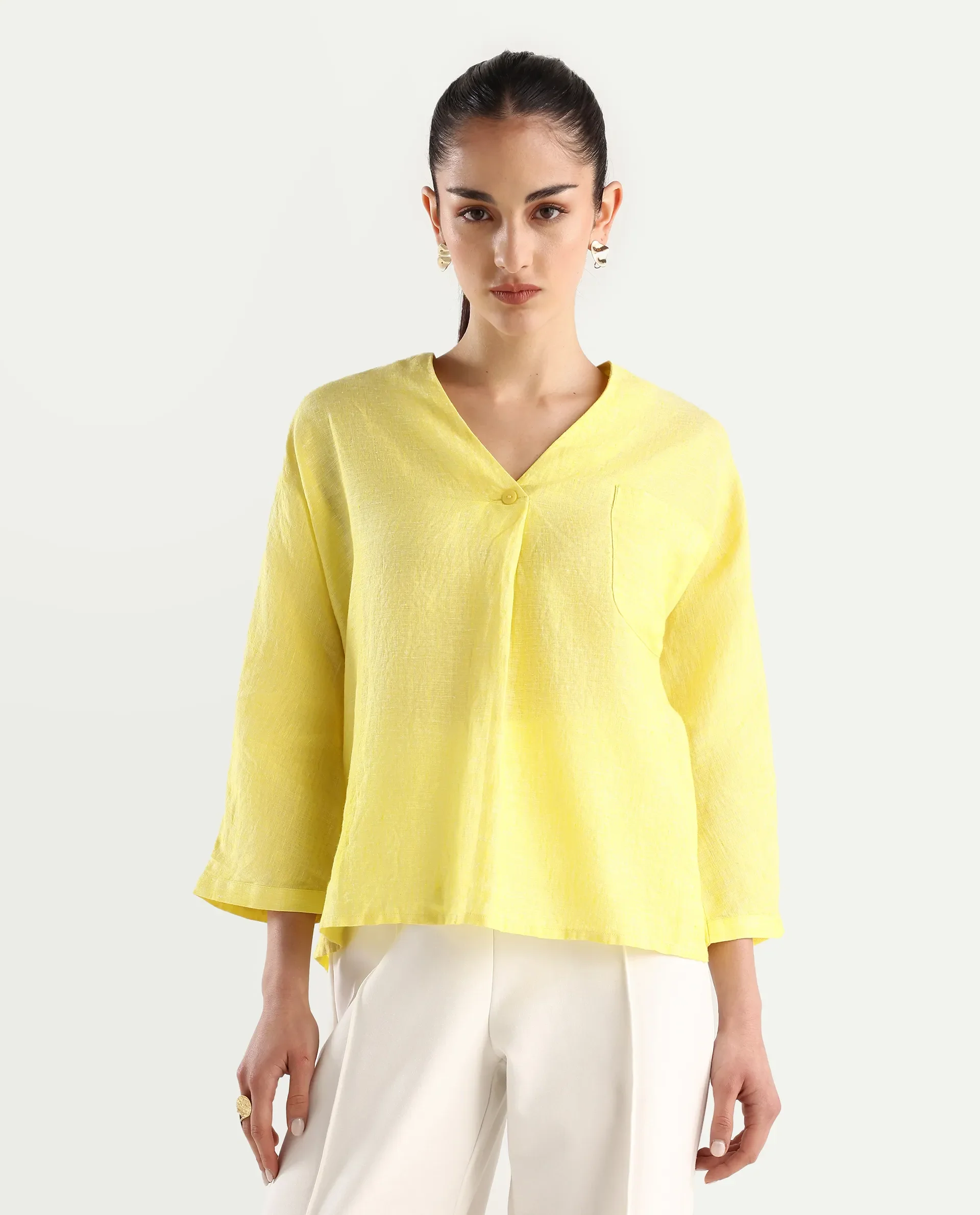 Rareism Women's Nenma Yellow Linen Kimono Sleeve V-Neck Plain Top - Image 3